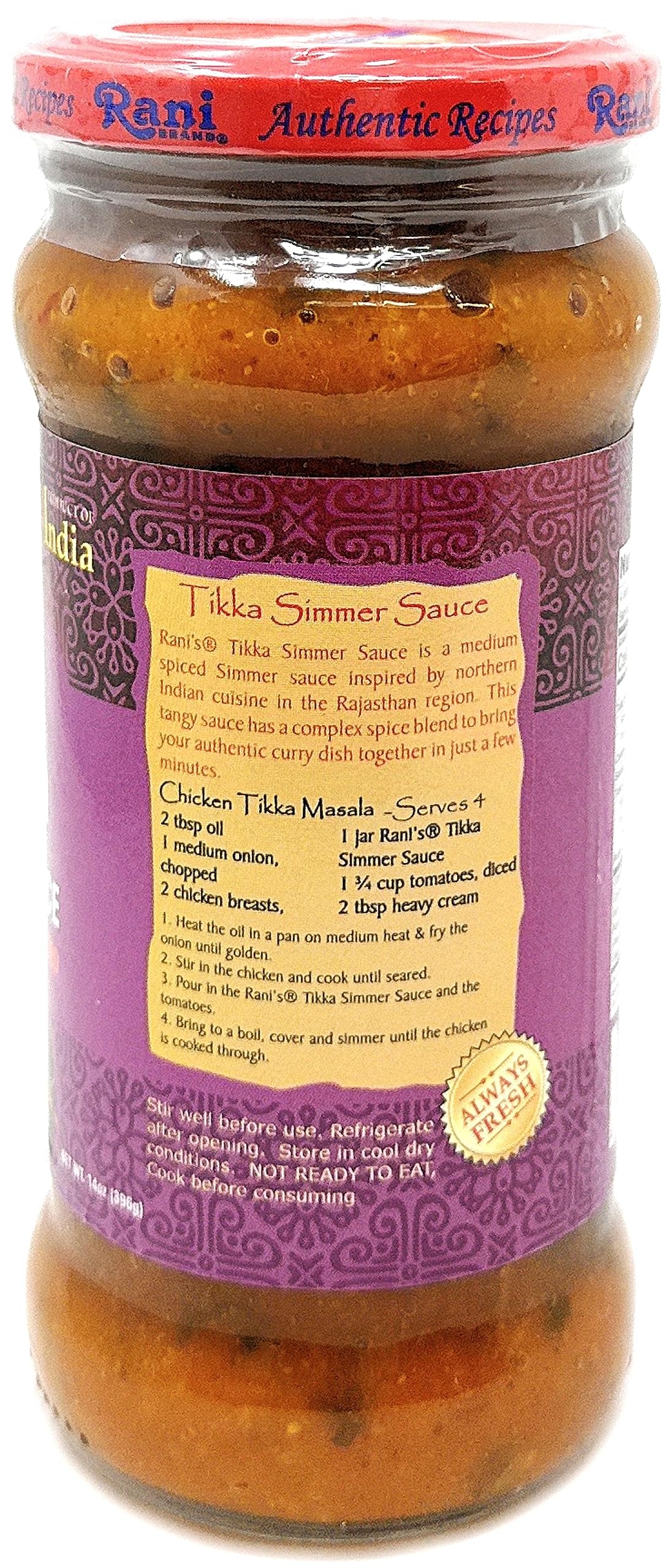 Rani Tikka Vegan Simmer Sauce (Creamy Tomato, Onion & Cilantro) 14oz (400g) Glass Jar ~ Easy to Use | Vegan | No Colors | All Natural | NON-GMO |