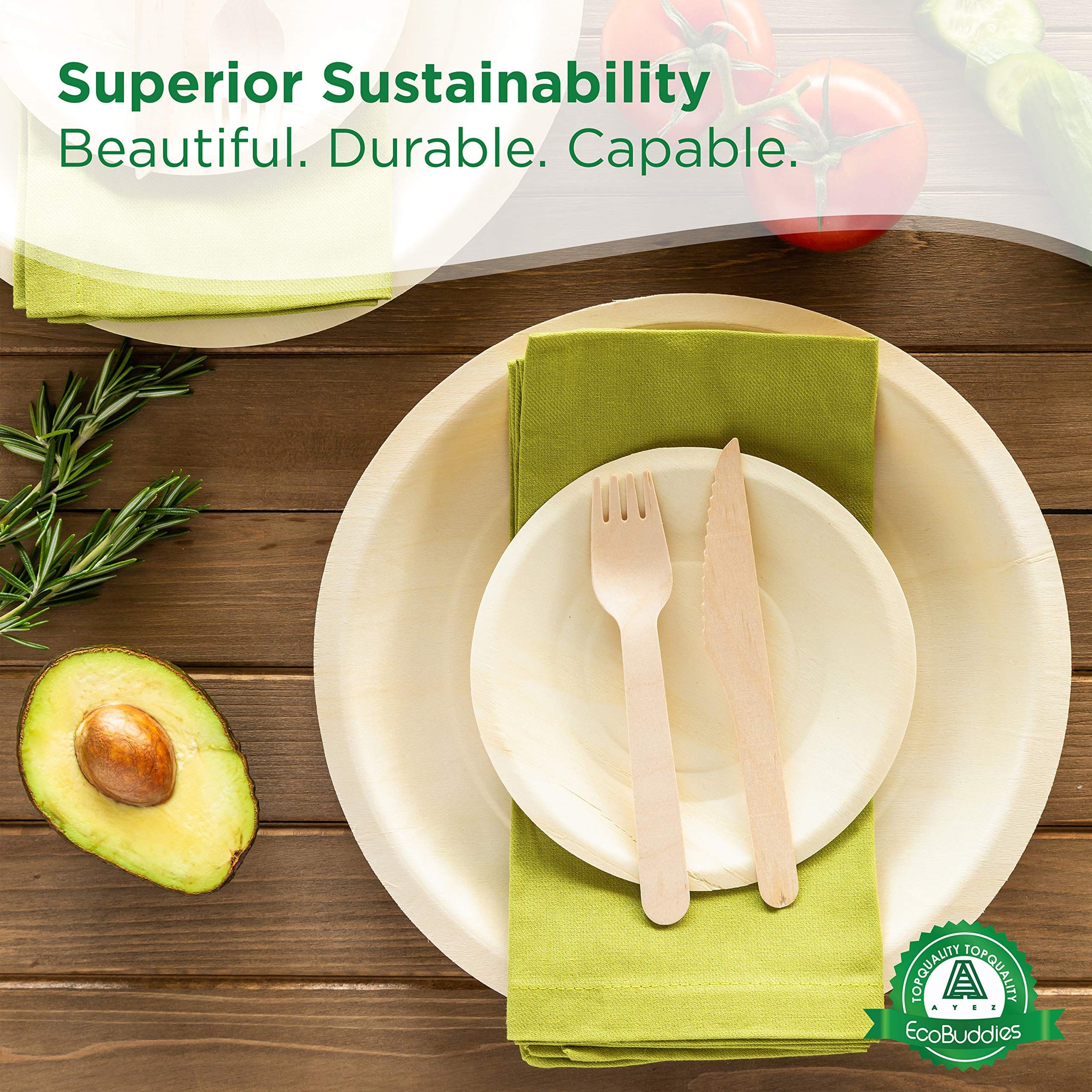 Disposable Wooden Plates Set of 50 - 100% Poplar Wood Dinner & Dessert Plates for Parties, Weddings, Camping - Smooth, Durable, Biodegradable, Dye