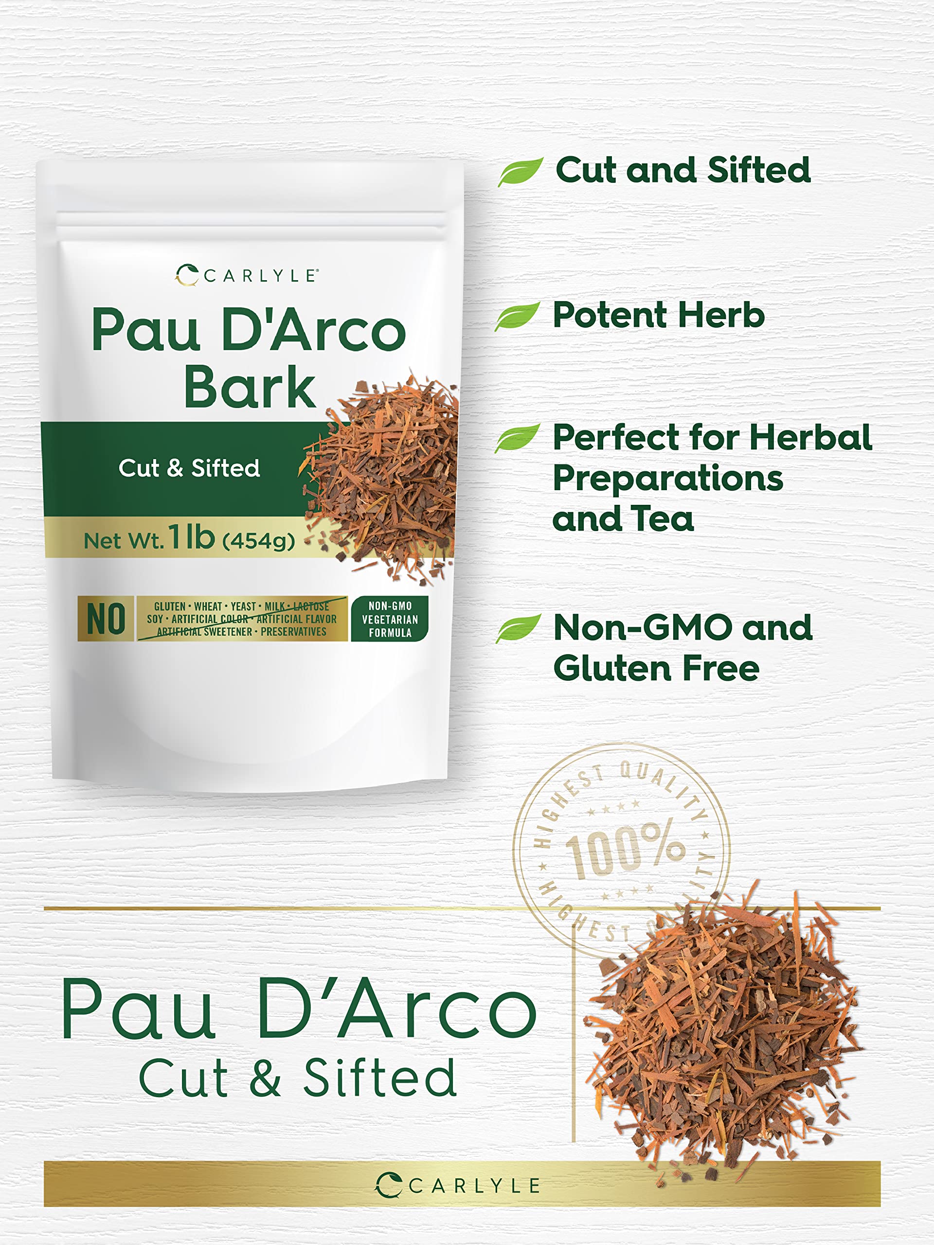Carlyle PAU D'Arco Bark 1 lb Bag | Cut & Sifted | Vegetarian | Non-GMO, Gluten Free | Bulk Size