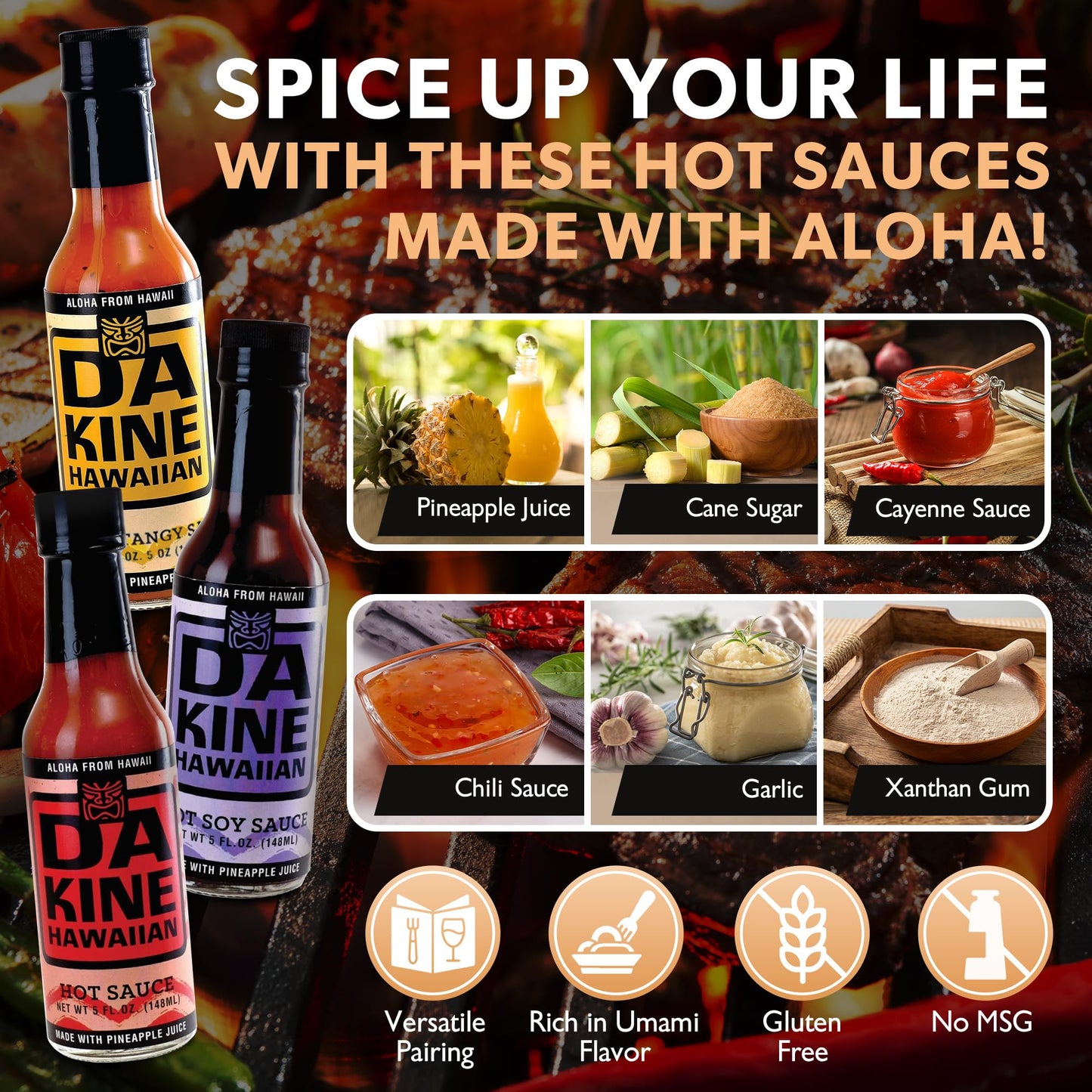 Da Kine Hawaiian Hot Sauce Sampler - Hot Soy, Mustard & Classic - Made with Pineapple Juice for Meat Tenderizing, Ideal for Marinades and Dipping