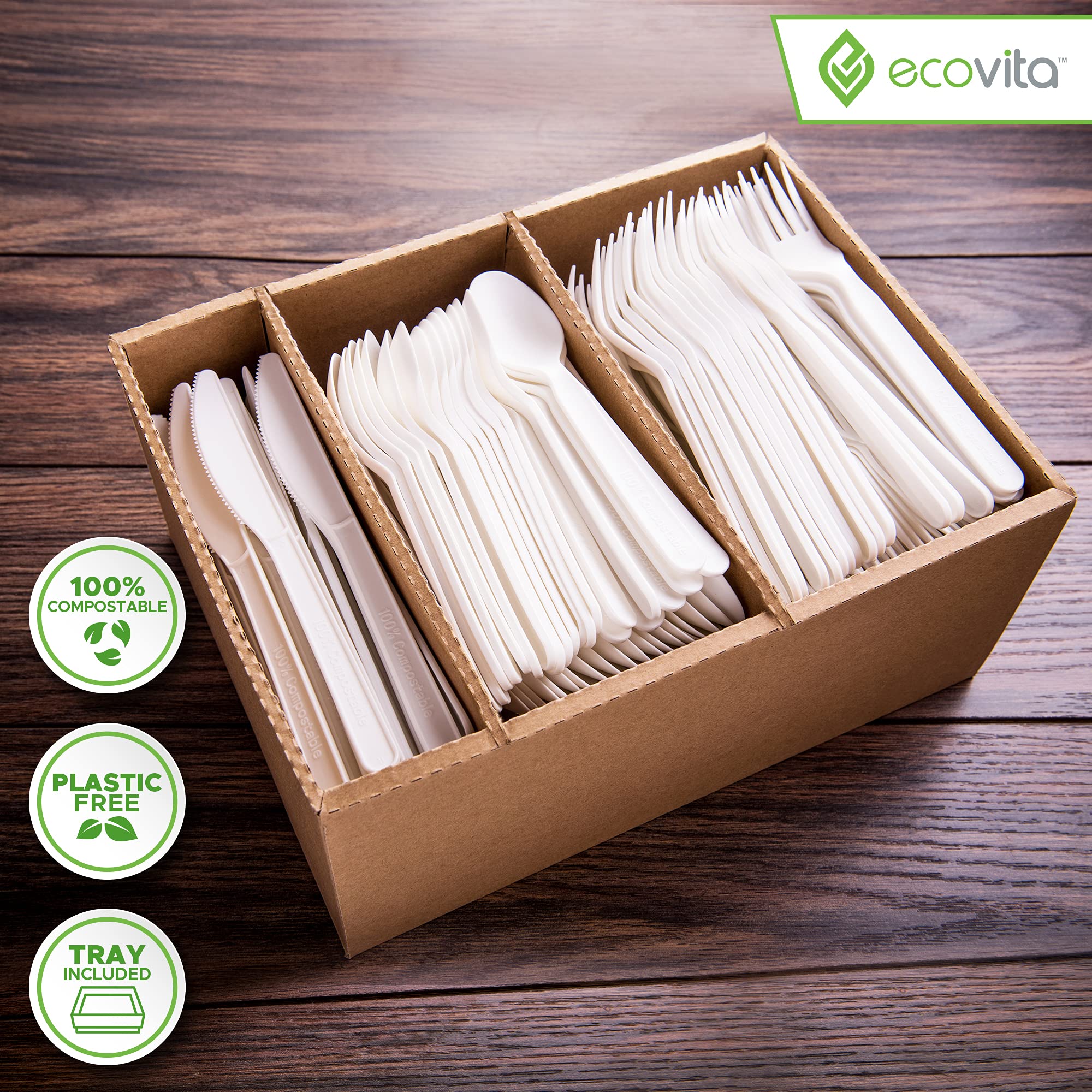 Ecovita 100% Compostable Forks Spoons Knives Cutlery Combo Set - 380 Large Disposable Utensils (7 in.) Eco Friendly Durable and Heat Resistant