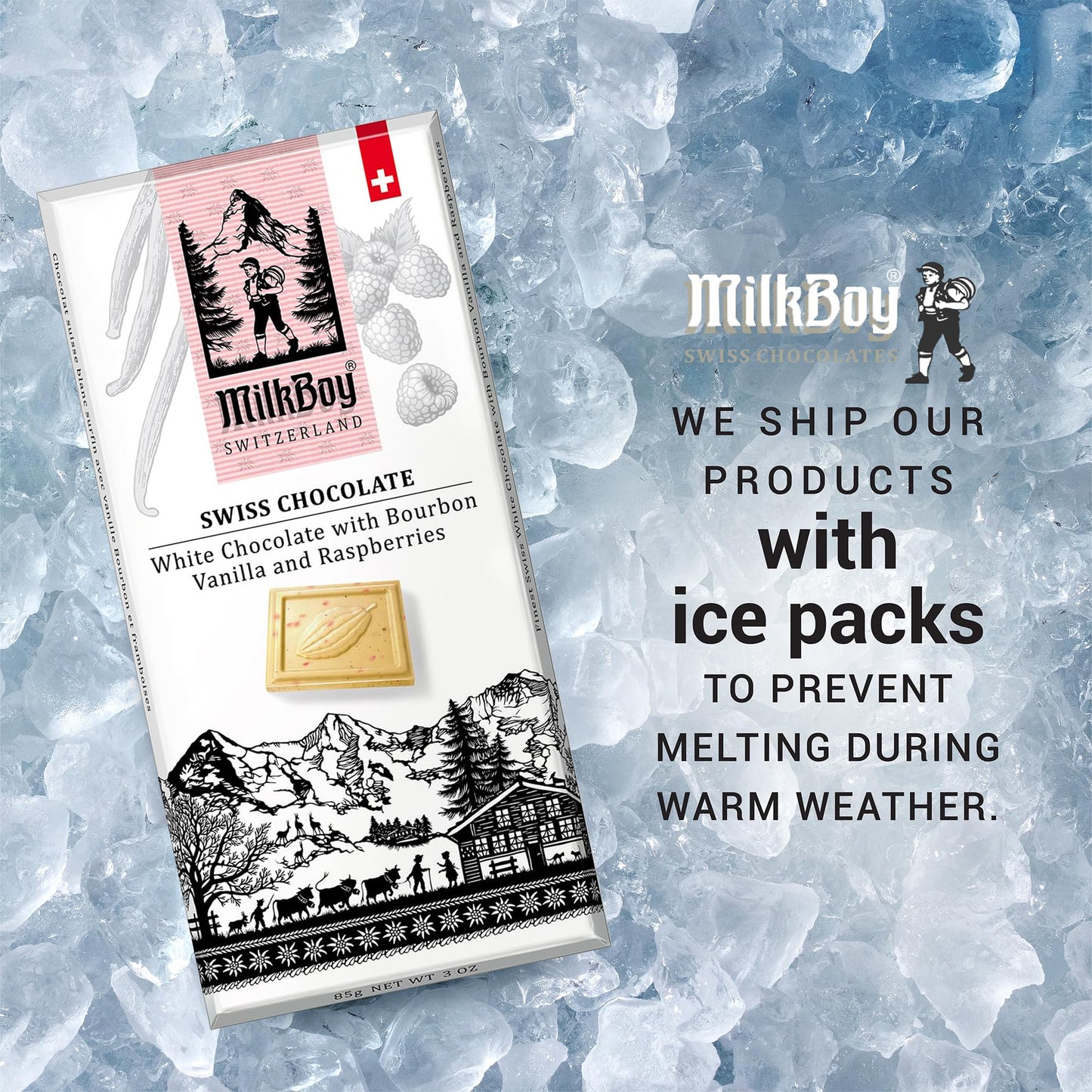 MilkBoy Swiss Chocolates - Premium White Chocolate Bars with Bourbon Vanilla and Raspberry - Candy Bars, Gluten Free, Non-GMO, Kosher - 3 oz (Pack