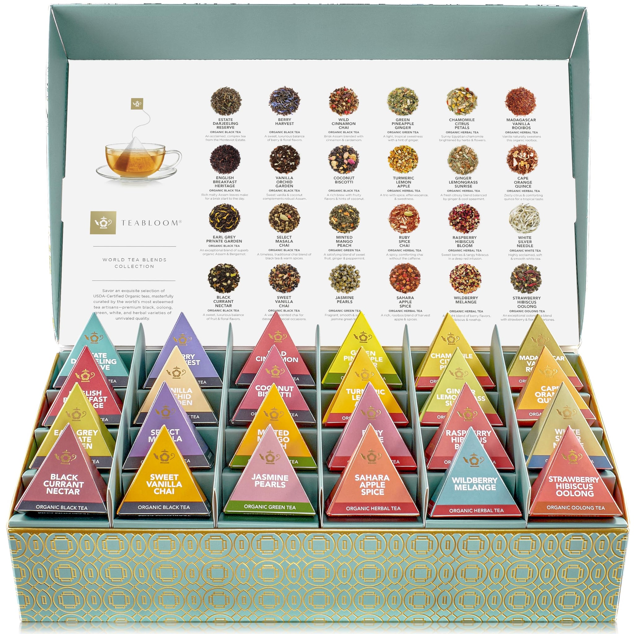 Teabloom - World's Finest Pyramid Tea Collection, 24 Varieties of USDA Certified Organic & Kosher Teas - Black Tea, Green Tea, White Tea, Oolong Tea