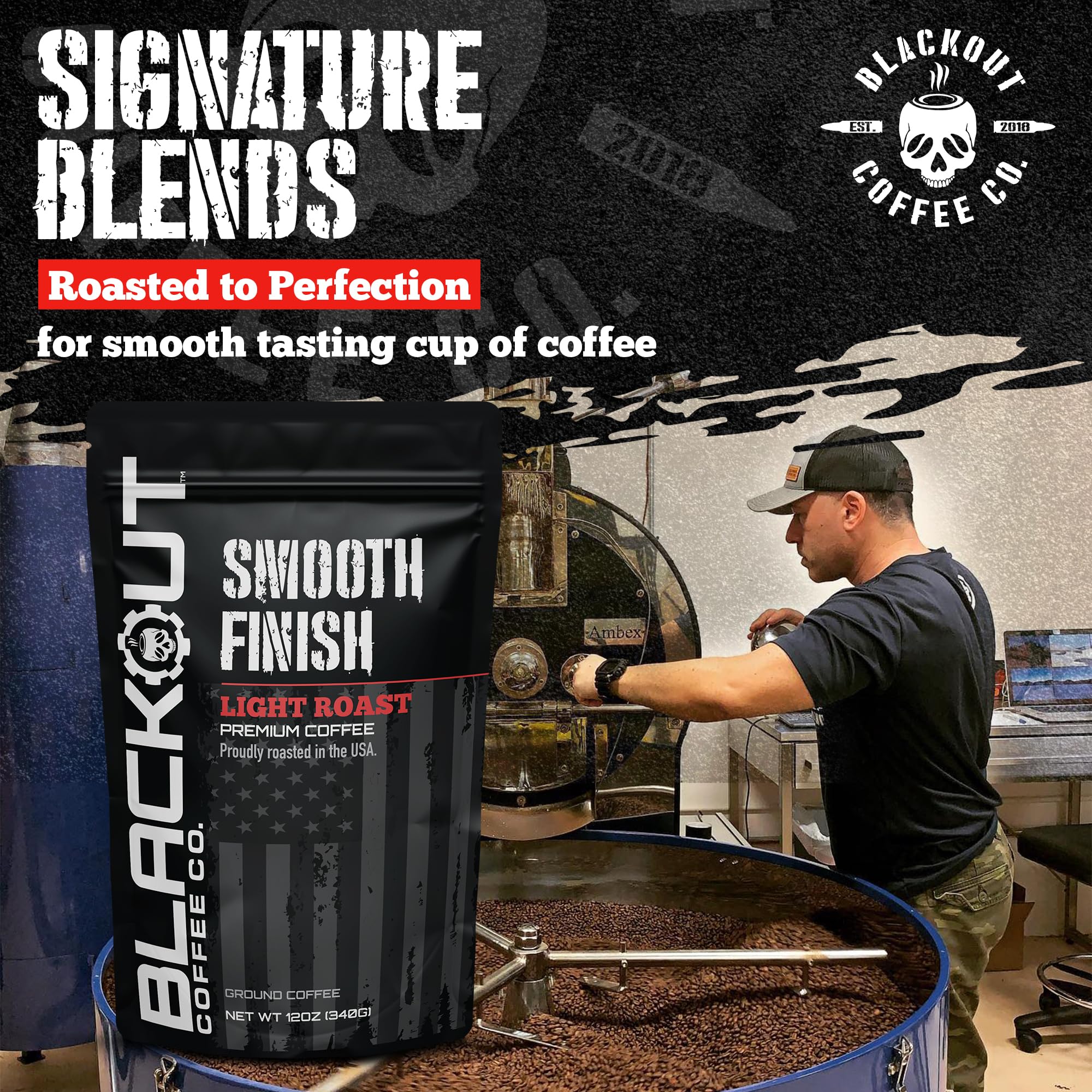 Blackout Coffee Smooth Finish Ground Coffee - Light Roast, Aromatic Smooth Taste - Freshly Roasted 12oz Bag