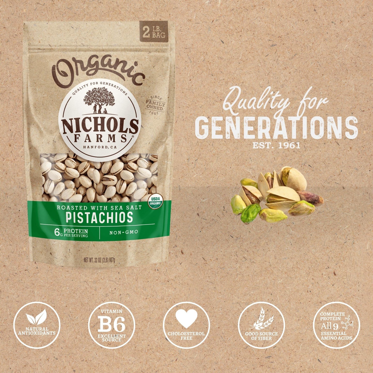 Nichols Farms California Pistachios Roasted Salted, Organic With Sea Salt, 32-Ounce Bag