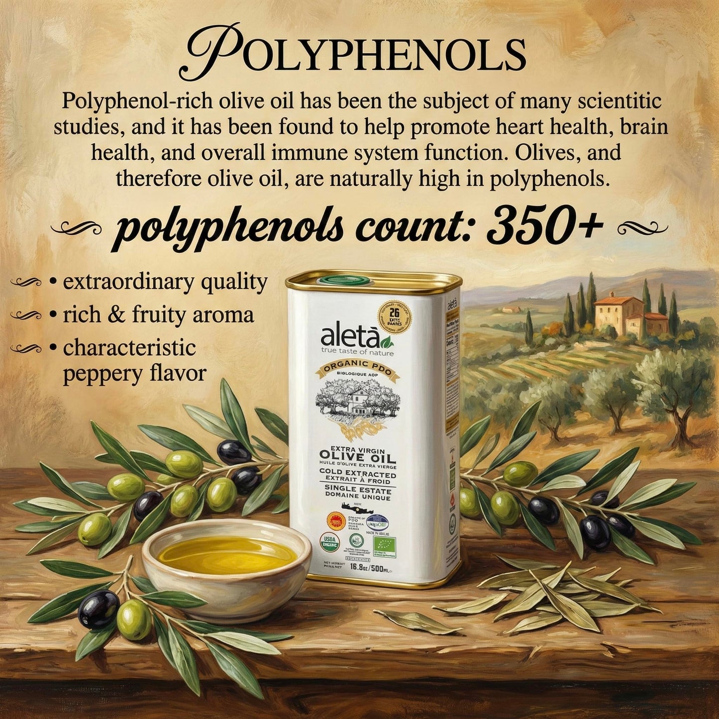 Aleta Farms Olive Oil Extra Virgin, USDA Organic, Single Estate PDO Polyphenol Rich Olive Oil, Cold Pressed, Global Gold Awards, EVOO, Kosher. 16.9 Fl