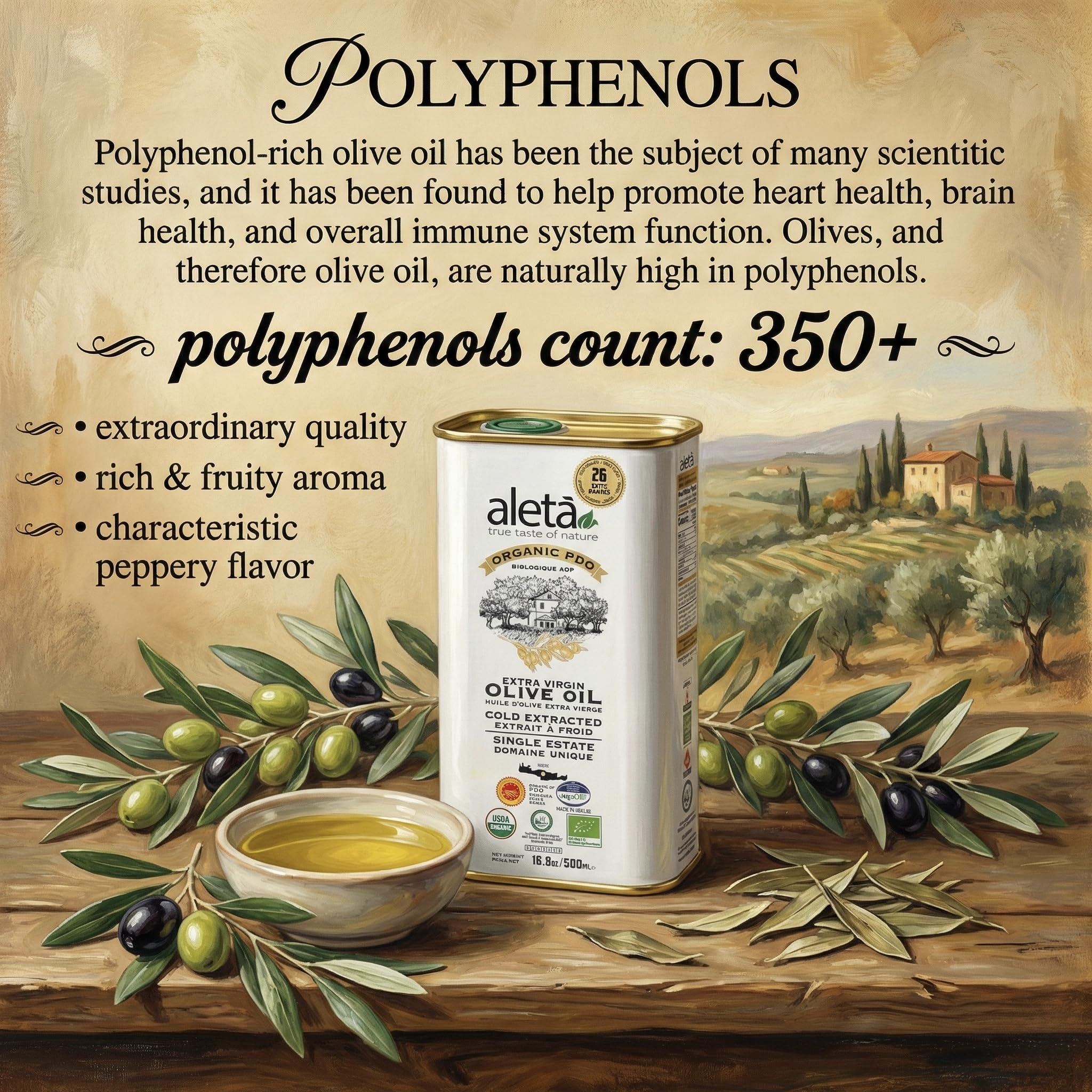 Aleta Farms Olive Oil Extra Virgin, USDA Organic, Single Estate PDO Polyphenol Rich Olive Oil, Cold Pressed, Global Gold Awards, EVOO, Kosher. 16.9 Fl