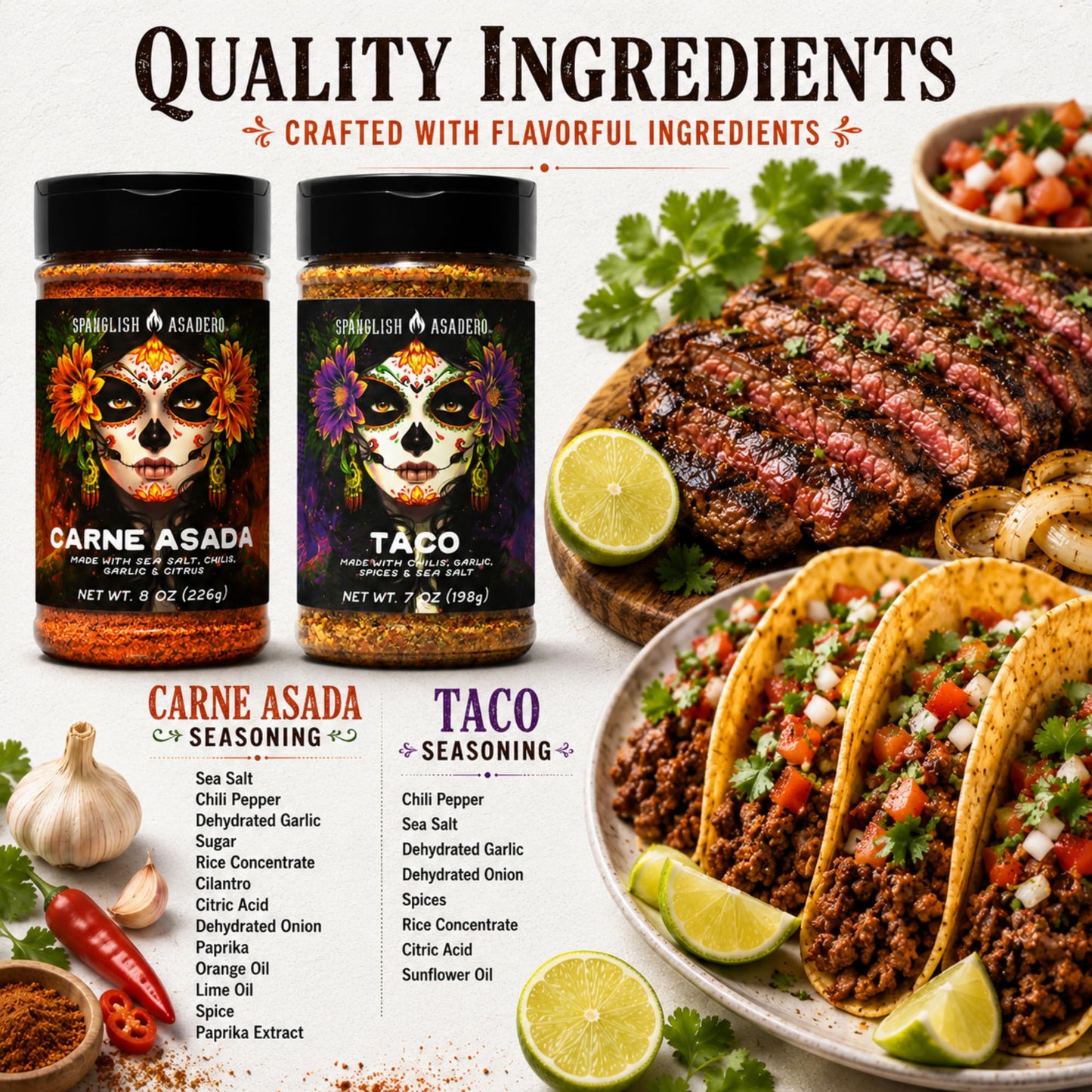 Spanglsh Asdero Taco & Carne Asada Seasoning Variety Pack, Mexican-Inspired Spice Blends for Tacos, Steak, Chicken, Fajitas & Grilling, 2 Bottles, 15