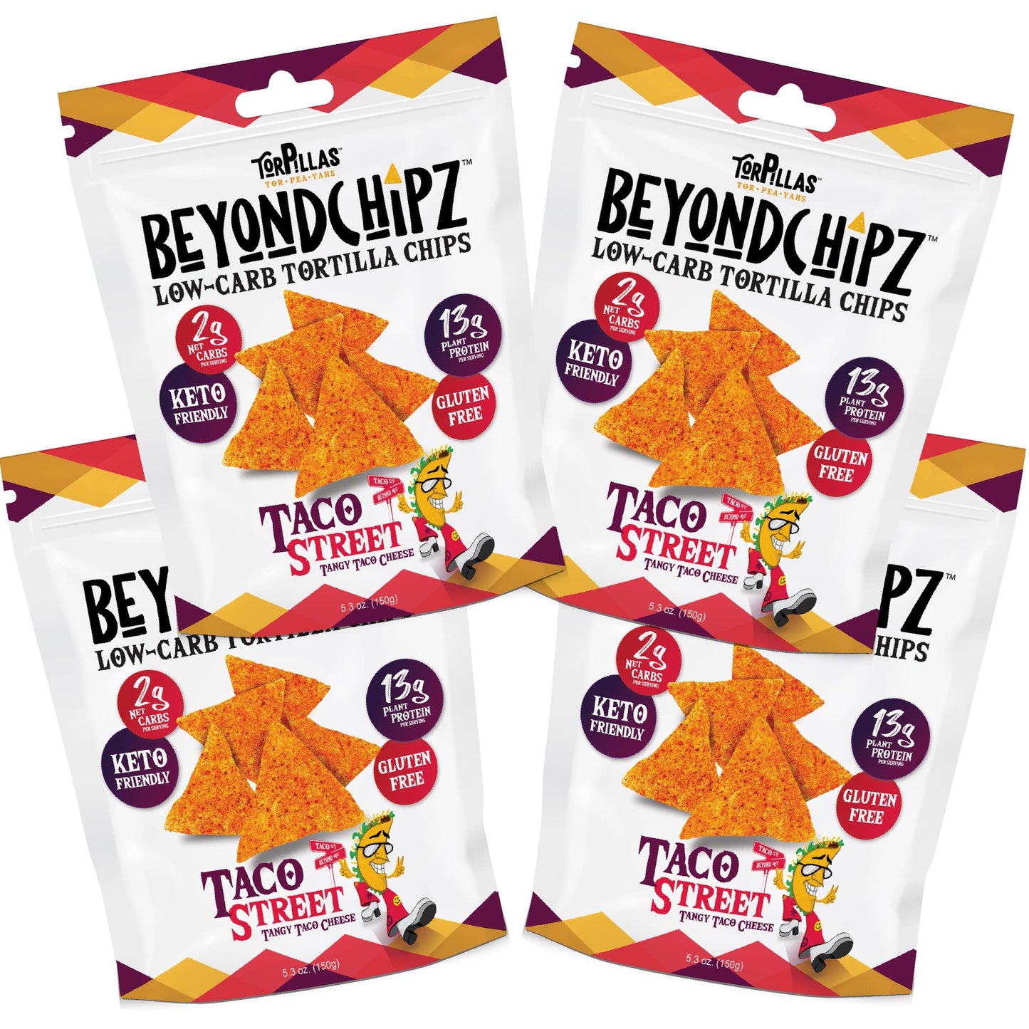 BeyondChipz Low Carb Tortilla Chips, Taco Street, Keto Friendly, Gluten Free, 5.3oz Bag, Pack of 4