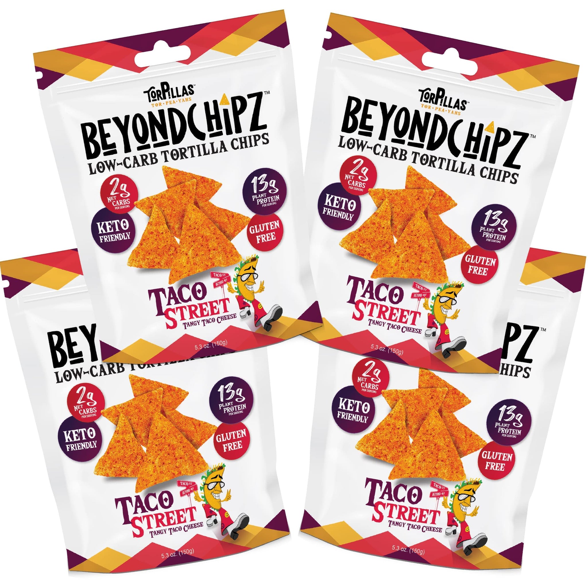 BeyondChipz Low Carb Tortilla Chips, Taco Street, Keto Friendly, Gluten Free, 5.3oz Bag, Pack of 4