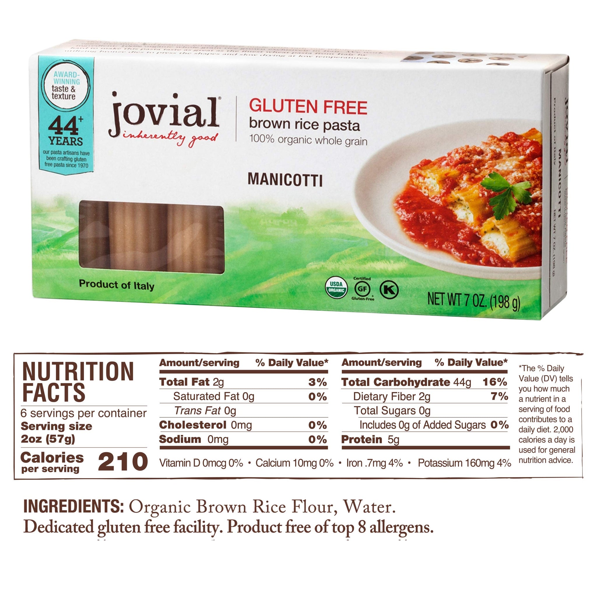 Jovial 100% Organic Gluten Free Brown Rice Pasta, Manicotti, 12 oz.