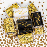 RokAPary 65th Birthday Miniatures Candy Bar Wrapper, (Set of 60) Mini Candy Bar Stickers; 3 Designs: 24 Gold, 24 Black, 12 White, Candy Not Included