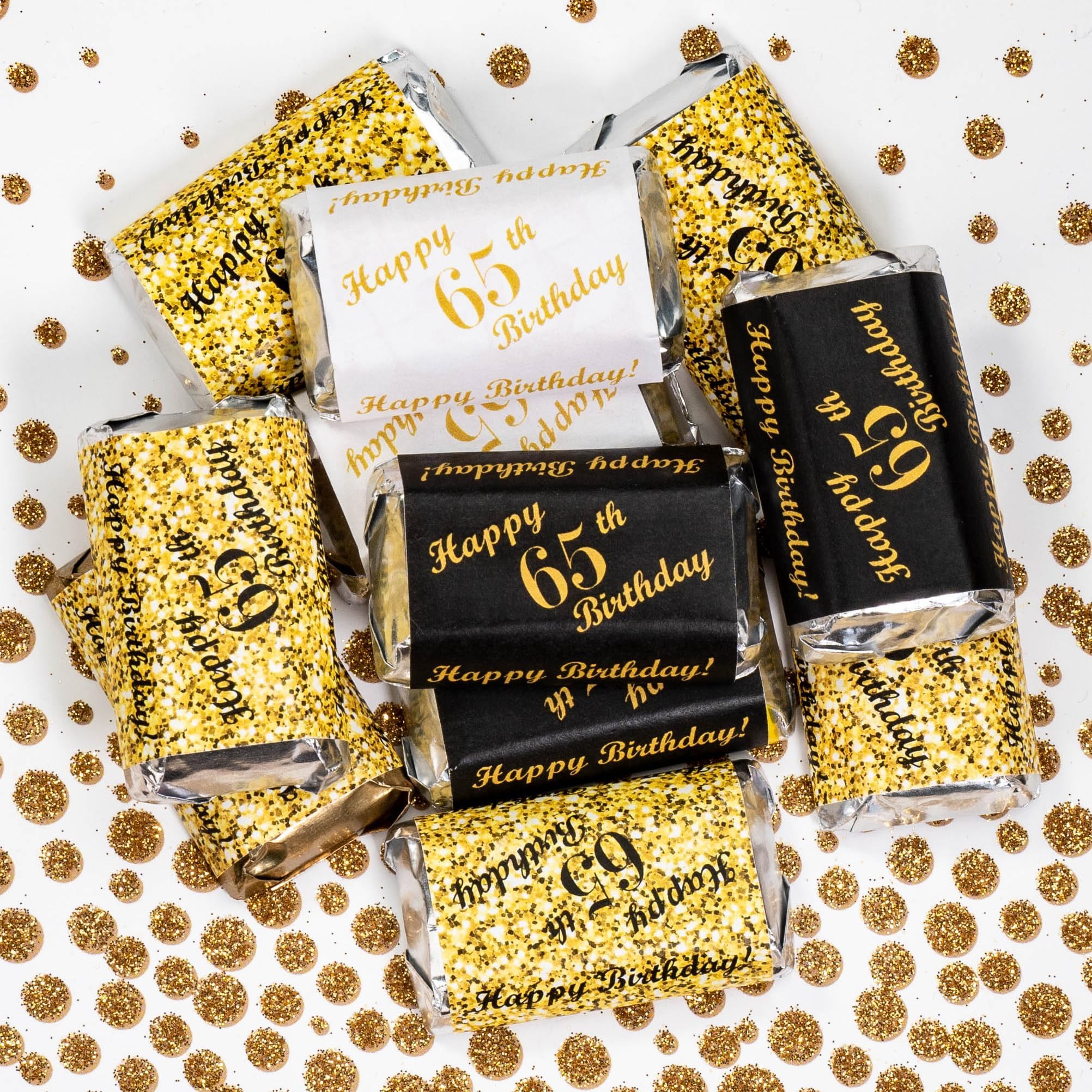 RokAPary 65th Birthday Miniatures Candy Bar Wrapper, (Set of 60) Mini Candy Bar Stickers; 3 Designs: 24 Gold, 24 Black, 12 White, Candy Not Included