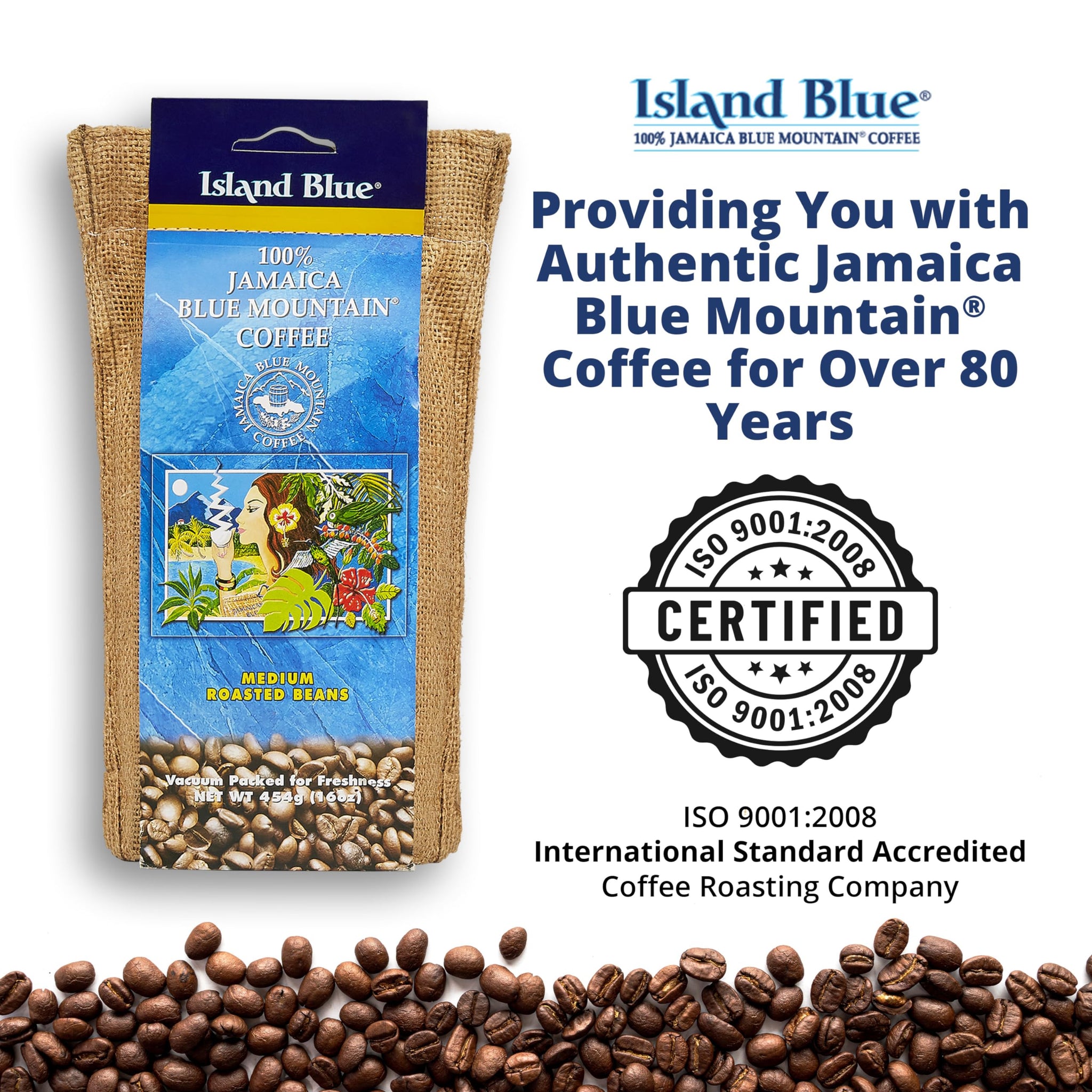 Island Blue 100% Jamaica Blue Mountain Whole Beans Coffee (16oz)