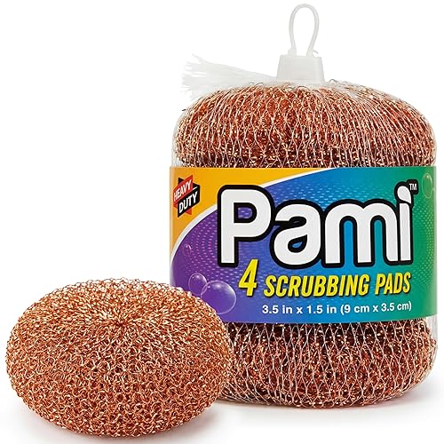 PAMI Heavy Duty Non Scratch Copper Scrubbers for Pots and Pans, Copper Wool Scrubber, Reusable Scouring Pads, Pack of 4