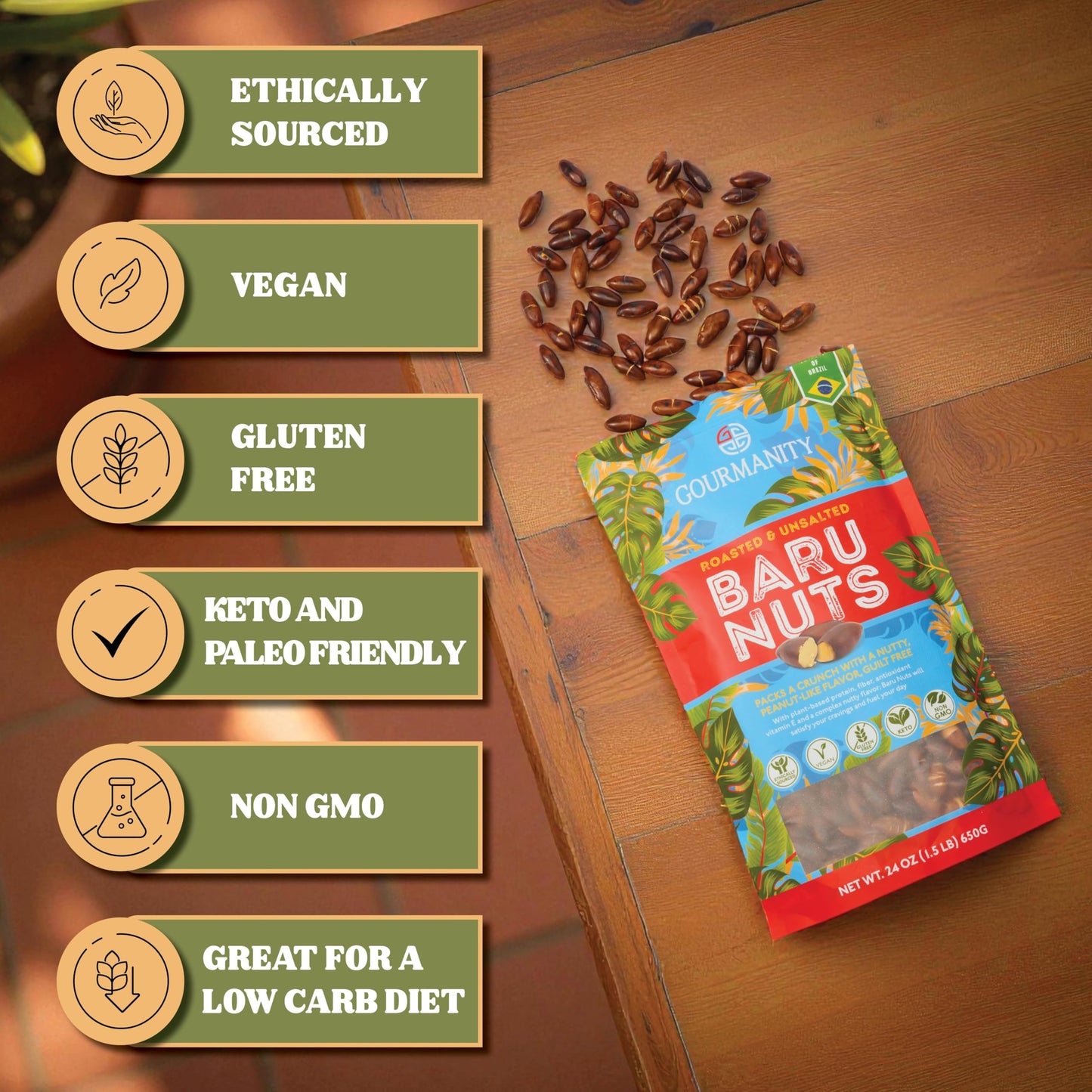 Gourmanity Brazilian Baru Nuts, 1.5 LB, Complex Nutty Flavor, High in Protein, Vitamin E and Omega 6 & 9, Roasted and Unsalted