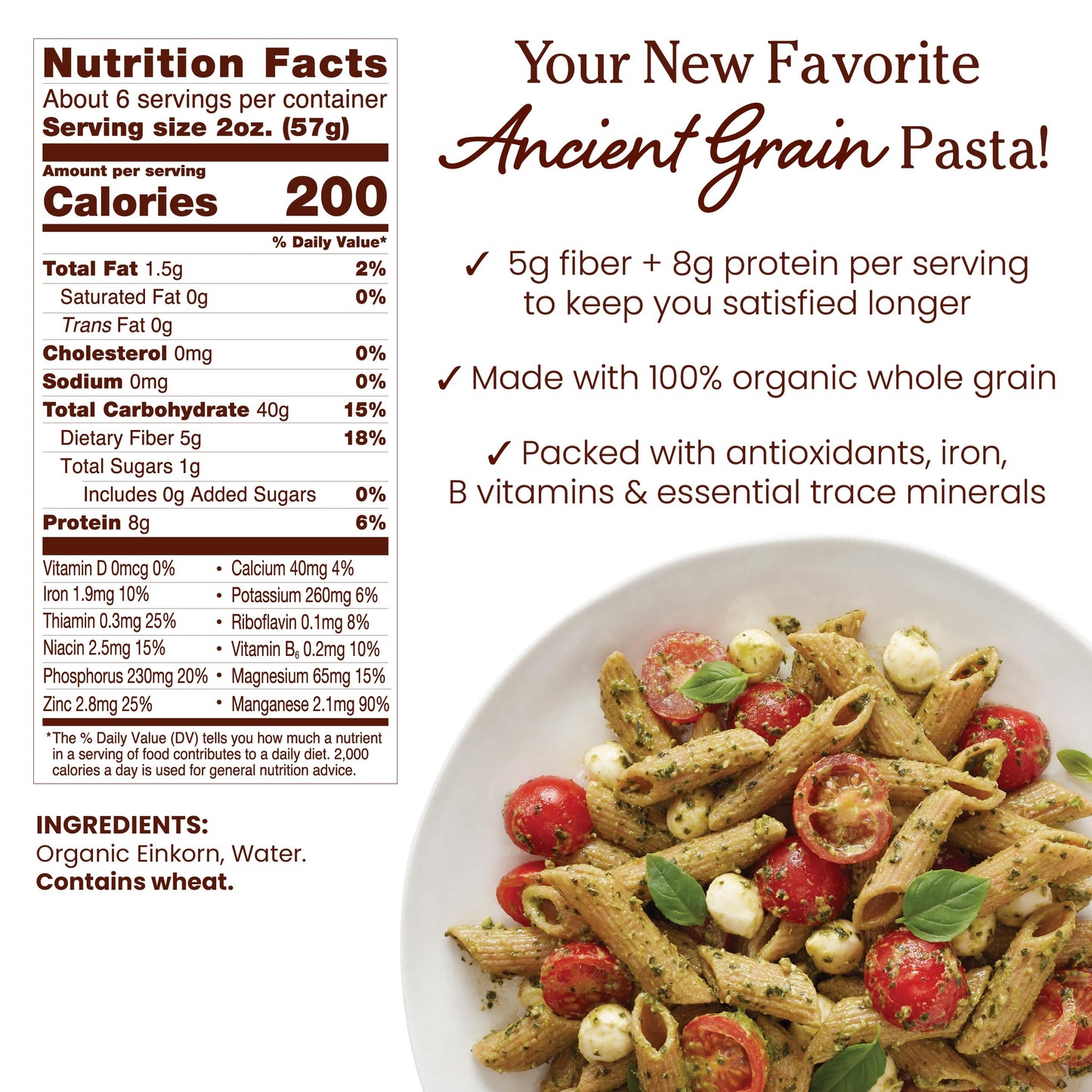 Jovial Einkorn 100% Organic Whole Grain Penne Rigate - Einkorn Pasta, High Protein, Non-GMO, USDA Certified Organic, Lower Carb, Delicious Pasta Made