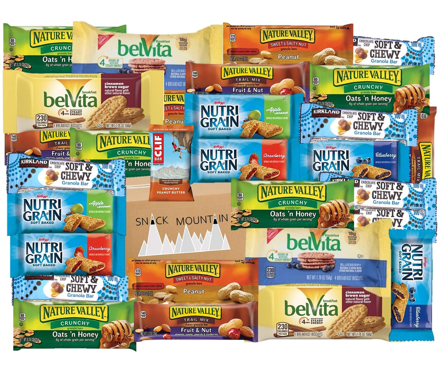 Granola Bar Sample Pack (35 Items) Cliff Bar, Belvita Breakfast, Nutri Grain, Chewy, Nature Valley: Fruit and Nut, Peanut Butter, Oats