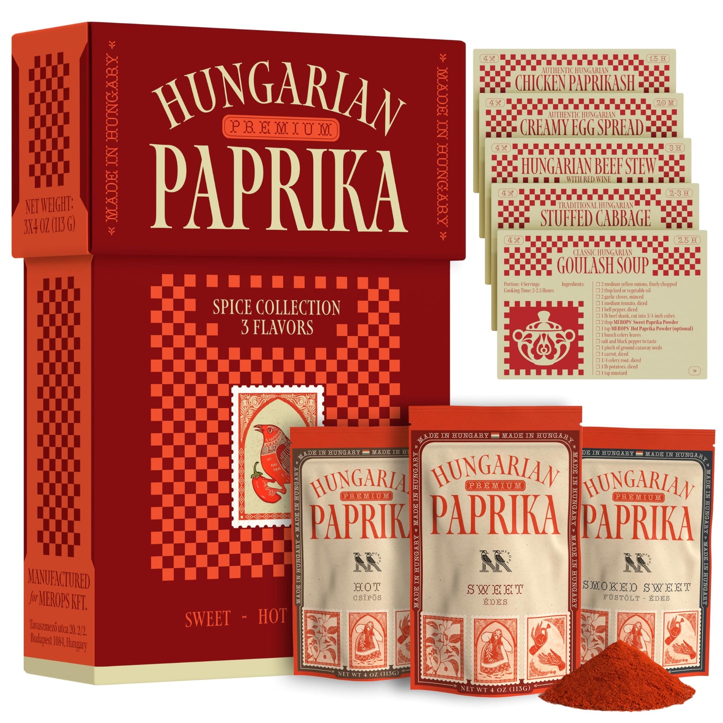 Premium Hungarian Paprika Spice Collection GIFT SET - Sweet, Smoked & Hot (3 x 4 oz) - Five Traditional Hungarian Recipe Cards - Non-GMO - Authentic