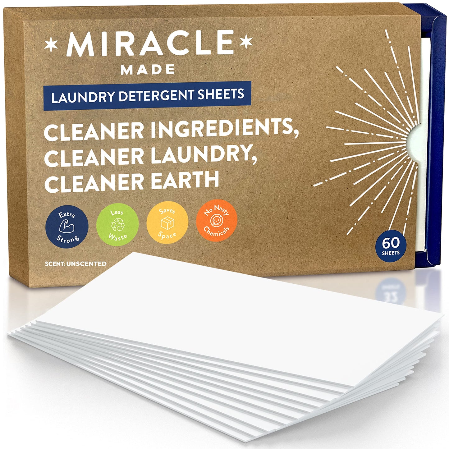 Miracle Made Liquidless Laundry Detergent Sheets - Ultra-Concentrated, Space-Saving, Plastic-Free - No Dyes, Bleach, or Parabens - 60 Strips (120