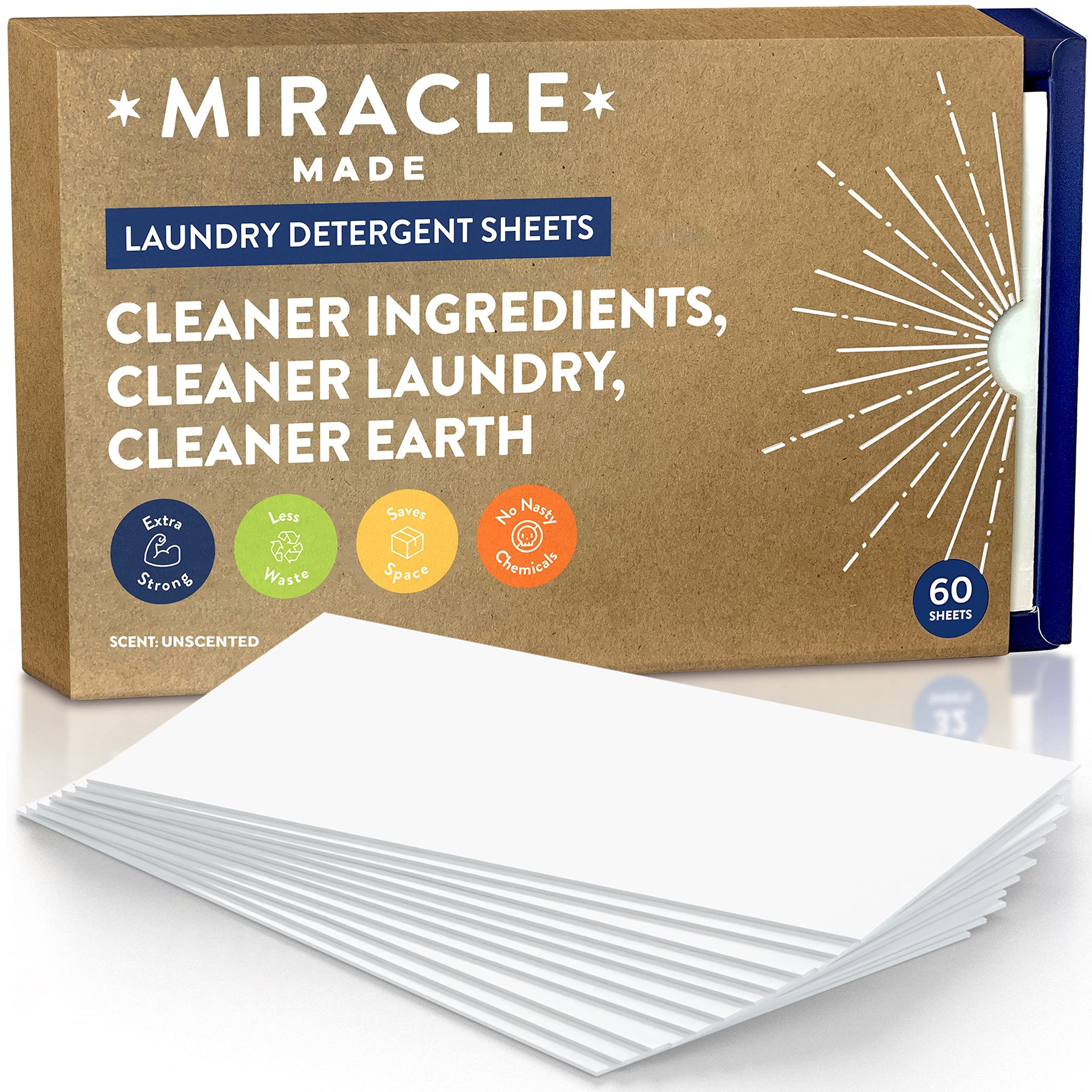Miracle Made Liquidless Laundry Detergent Sheets - Ultra-Concentrated, Space-Saving, Plastic-Free - No Dyes, Bleach, or Parabens - 60 Strips (120