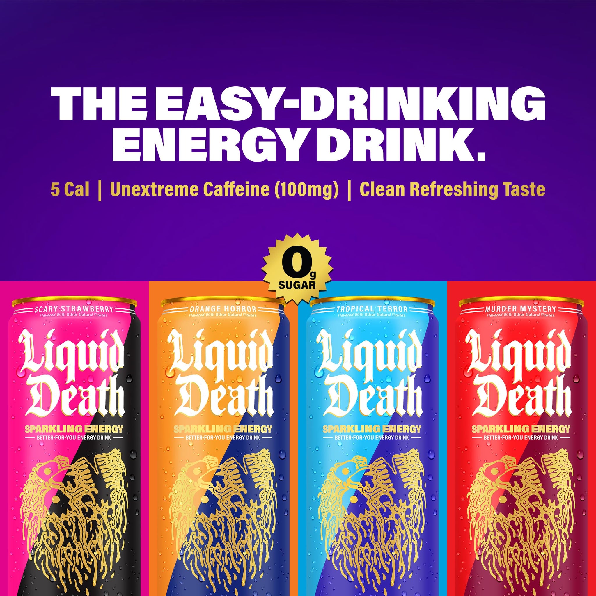 Liquid Death Sparkling Energy - Scary Strawberry, Zero Sugar Energy Drink, Unextreme Caffeine 100mg, Essential Vitamins, 12 Fl Oz (Pack of 12)