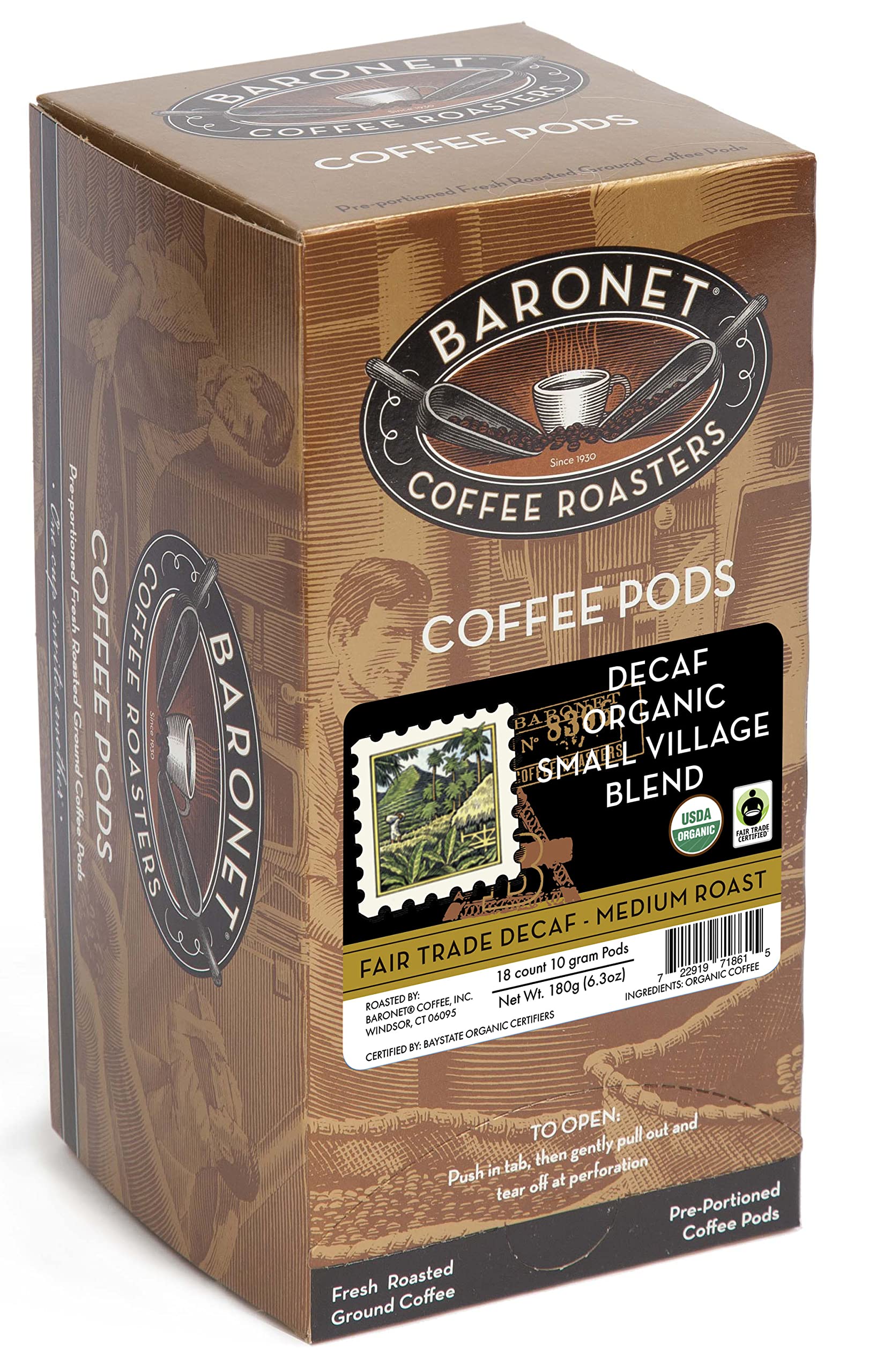 Baronet Coffee Pods [DECAF Organic Small Village-54 Pods] Single Cup Use, Like Senseo [3 Boxes of 18 Single Serve 10 Gram] Regular Strength, Med Roast