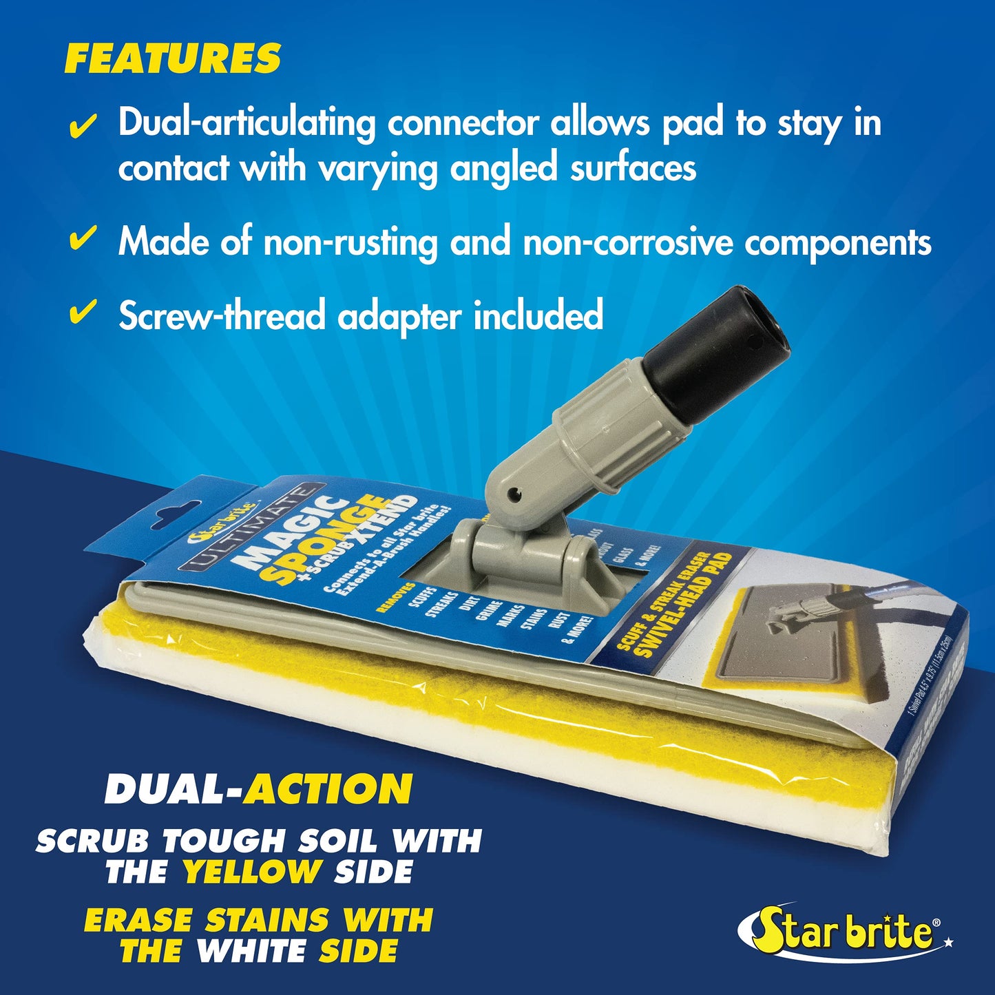 STAR BRITE Ultimate Magic Sponge + Scrub XTEND - Dual Articulating Flex Head, Ideal for Pool, Spa, RV, Boat, and Home, Connects to Extend-A-Brush
