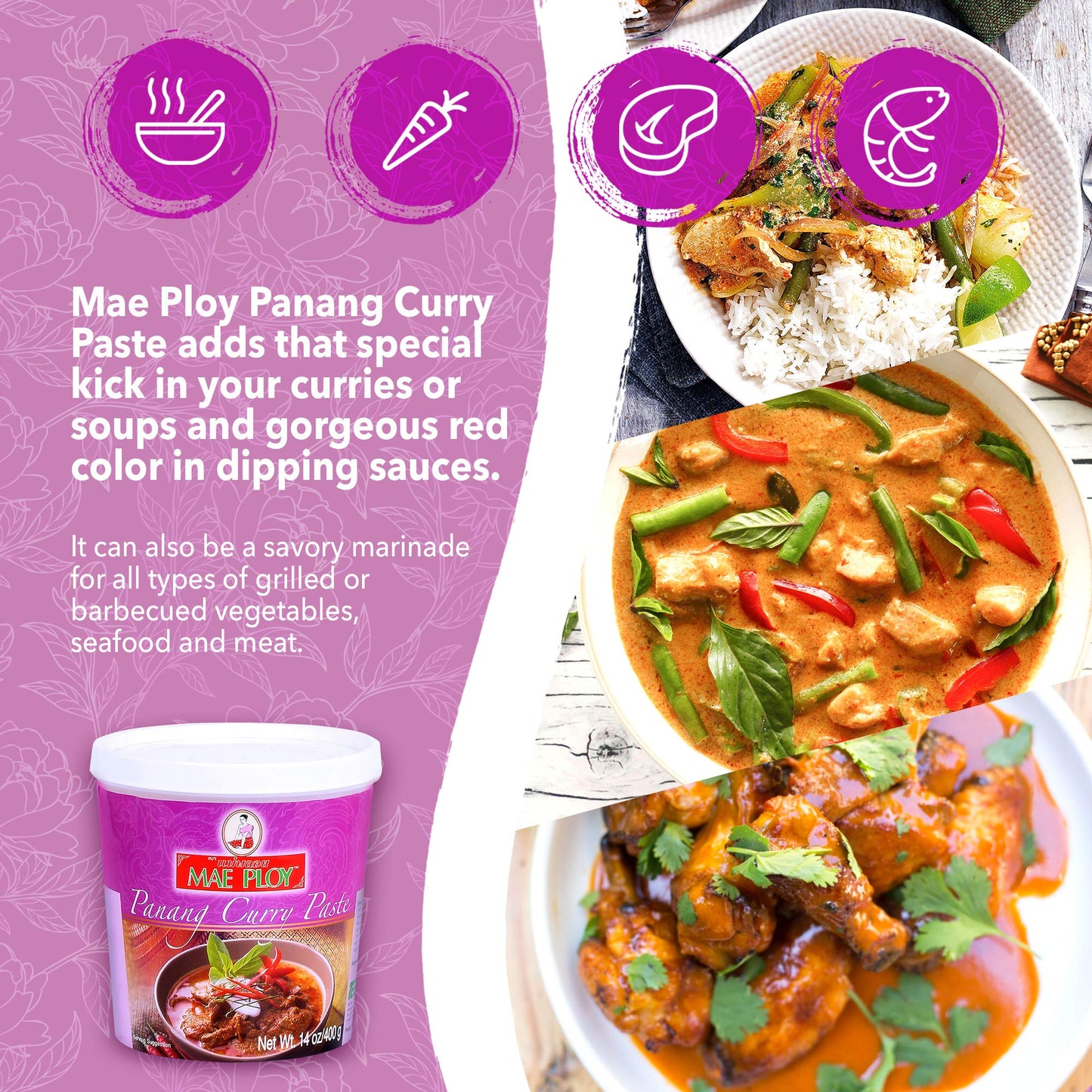 Mae Ploy Panang Curry Paste, Authentic Thai Panang Curry Paste for Thai Curries & Other Dishes, Aromatic Blend of Herbs, Spices & Shrimp Paste, No MSG