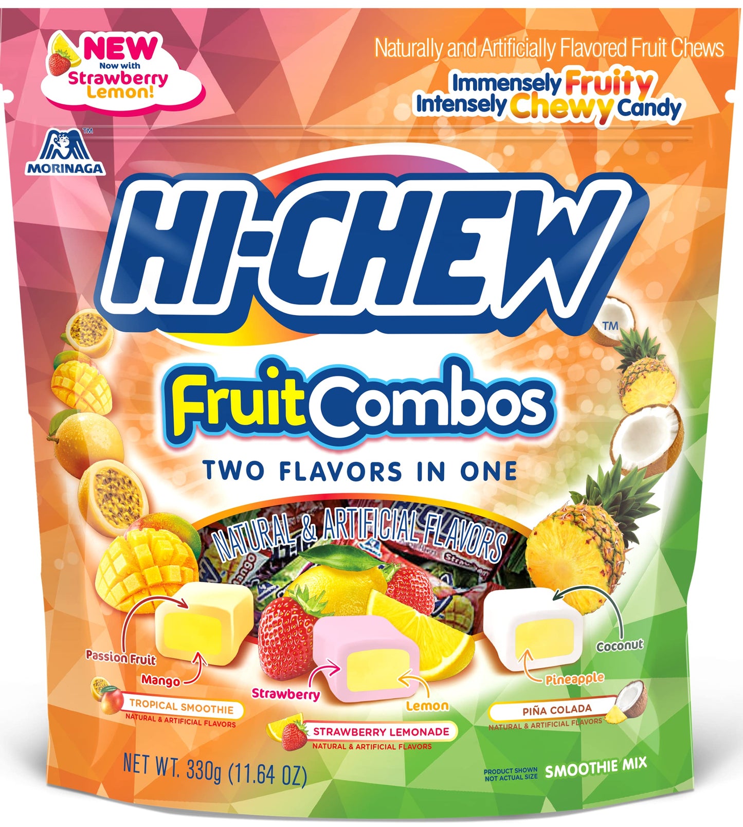 Hi-Chew Sensationally Chewy Japanese Fruit Candy, Fruit Combos Mix - Tropical Smoothie, Strawberry Lemonade and Piña Colada Flavors, 11.65 Ounce Stand