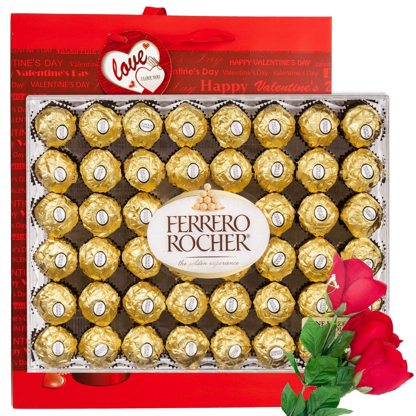 Valentine Day Gift Ferrero Rocher Hazelnut Chocolates Diamond Box 48 Count | Velvet Artificial Rose Flower bouquet | Premium Gift Bag Basket Love