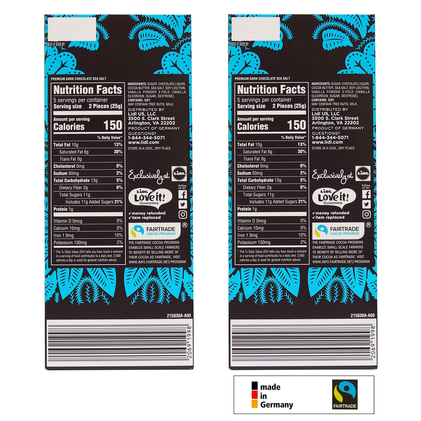 Lidl Preferred Selection Premium Dark Sea Salt Chocolate - 56% Cacao - Fair Trade - Made in Germany (2 Pack)
