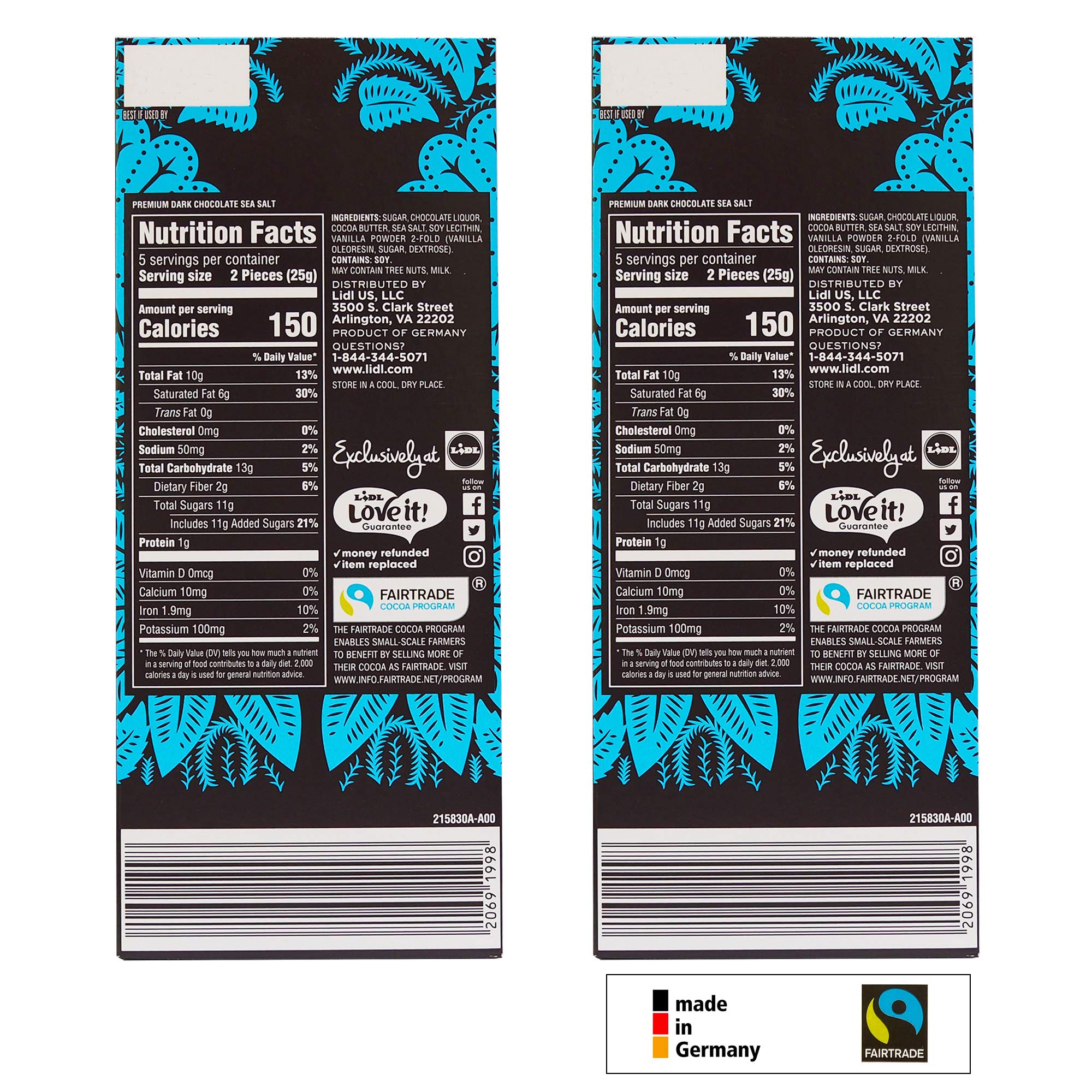 Lidl Preferred Selection Premium Dark Sea Salt Chocolate - 56% Cacao - Fair Trade - Made in Germany (2 Pack)