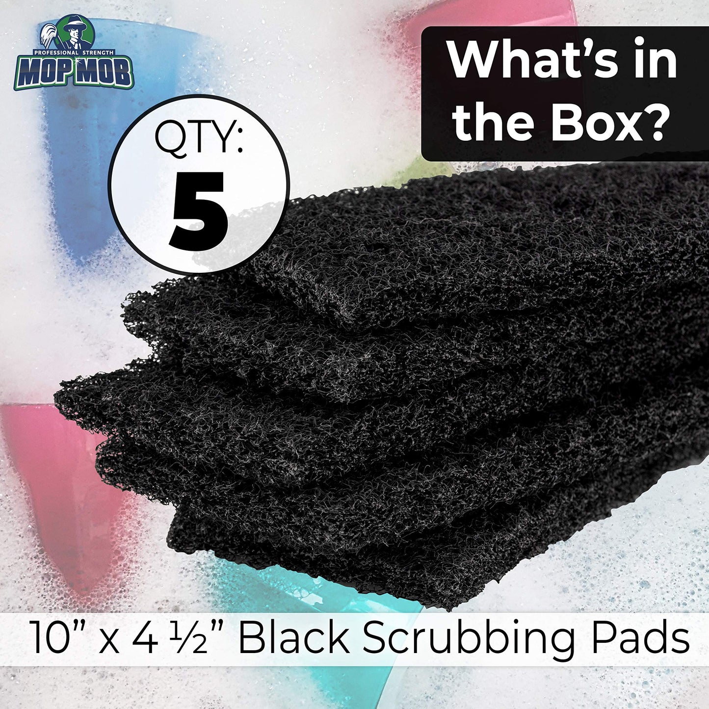 Heavy Duty XL Black Scouring Pad 5 Pack. 10 x 4.5in Large Multipurpose Nylon Scrubbing Sponges. Clean Bathrooms, Kitchens, Counters and Floors