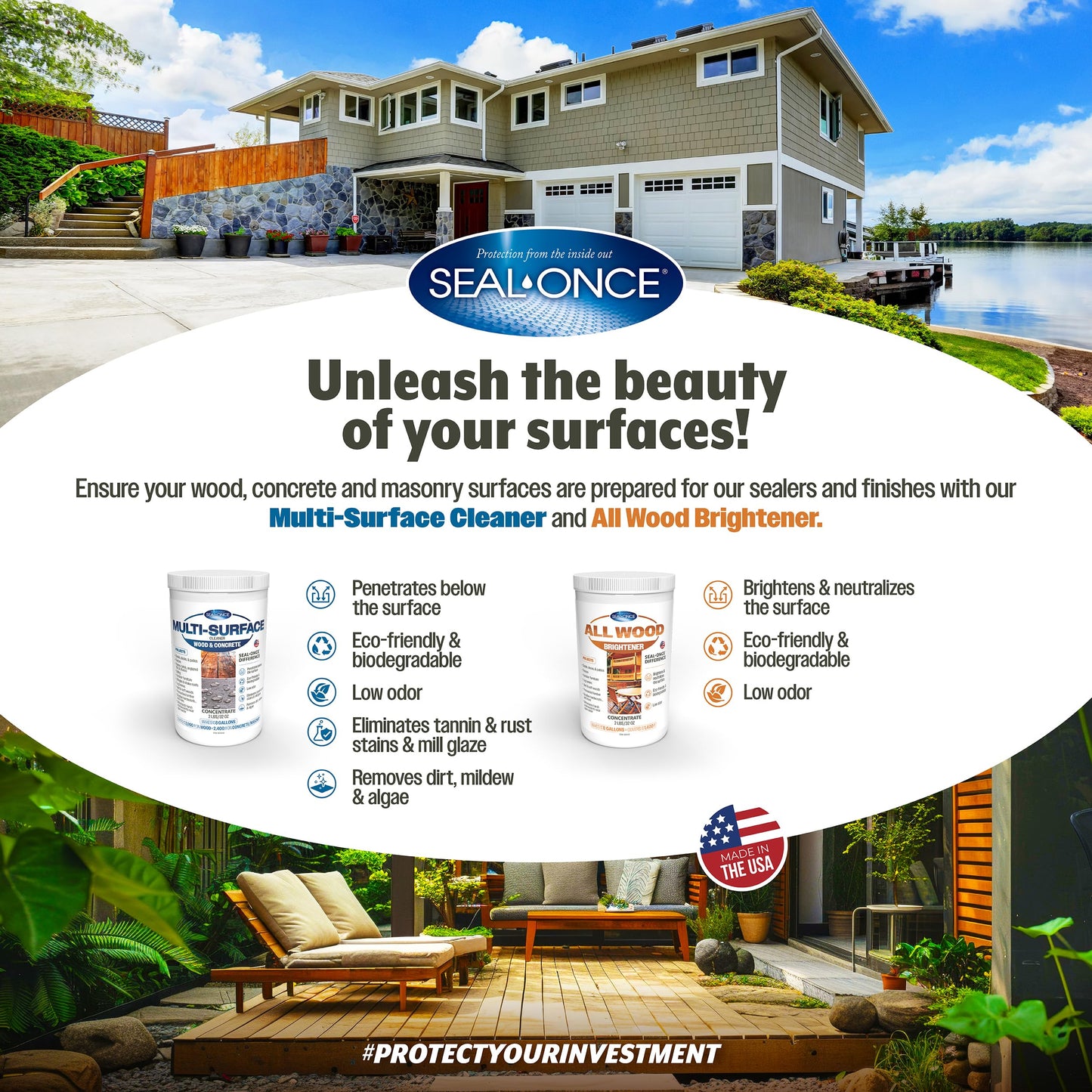 Seal-Once Premium Multi-Surface Cleaner Concentrate, Cleans & Enhances a Wide Range of Applications from Wood, Concrete, Outdoor Fabrics, Docks