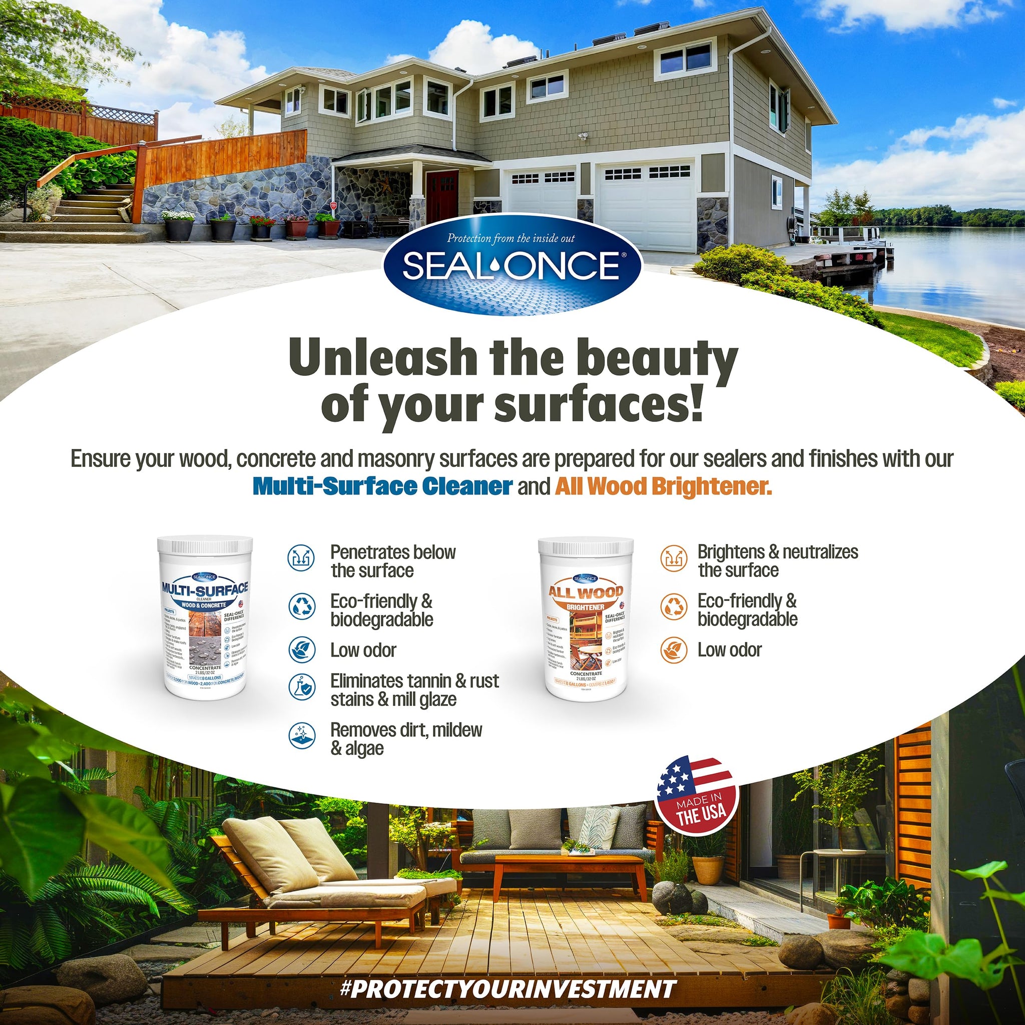 Seal-Once Premium Multi-Surface Cleaner Concentrate, Cleans & Enhances a Wide Range of Applications from Wood, Concrete, Outdoor Fabrics, Docks