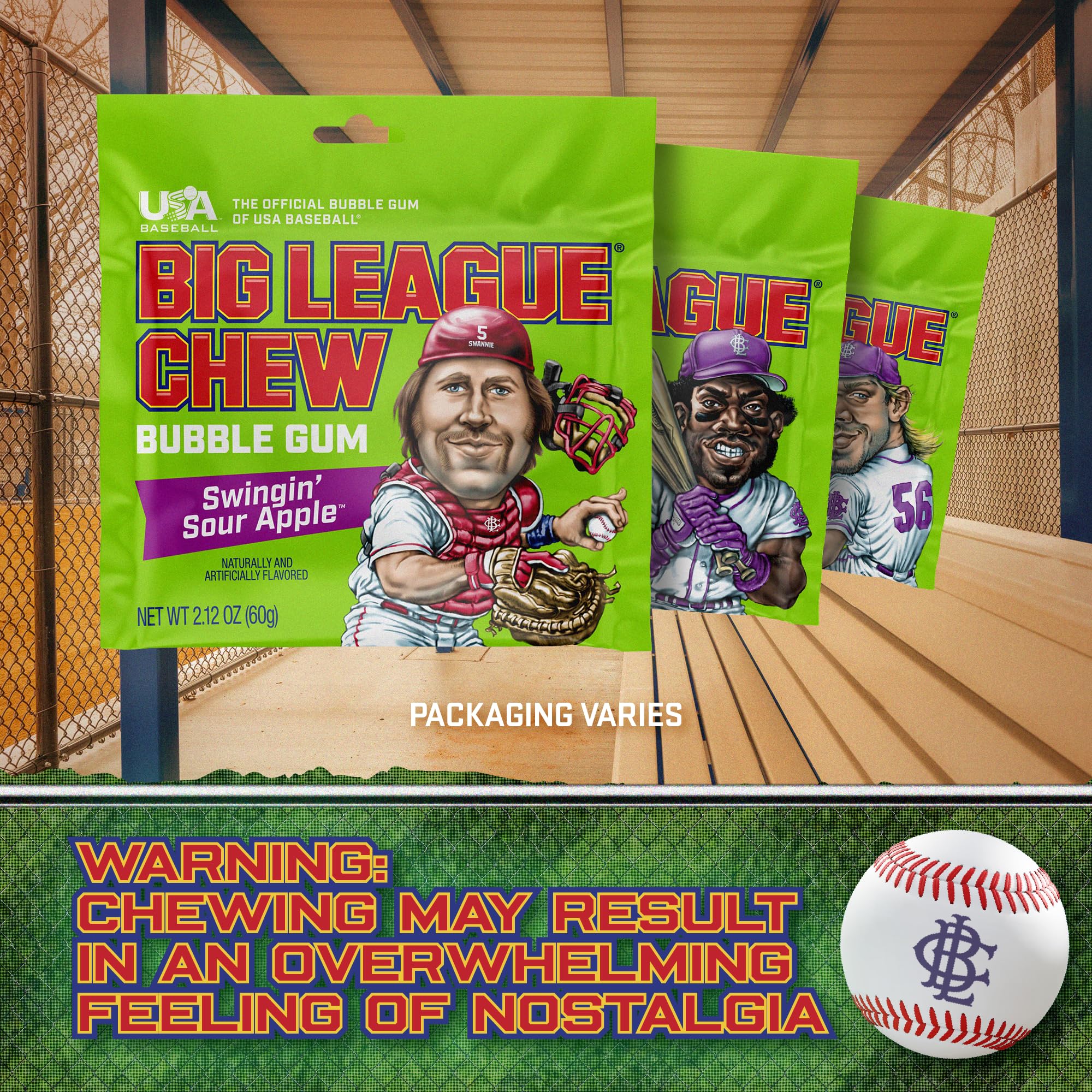 Big League Chew Sour Apple Bubble Gum 3-Pack - 2.12oz Packets - Swingin’ Sour Apple Baseball Gum - Big League Chew Baseball Candy Set for Treats