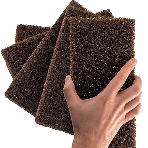 Heavy Duty XL Brown Scouring Pad 5 Pack. 10 x 4.5in Large Multipurpose Nylon Scrubbing Sponges. Clean Bathrooms, Kitchens, Counters and Floors