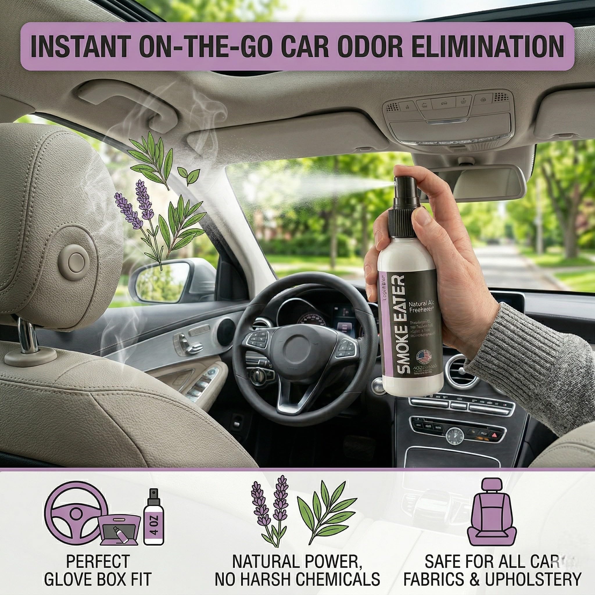 Smoke Eater Cigarette, Cigar, Cannabis & Tobacco Odor Eliminator Spray & Air Freshener for Car, Home, Clothes - Lavender, 4 oz Travel Size - Tea Tree
