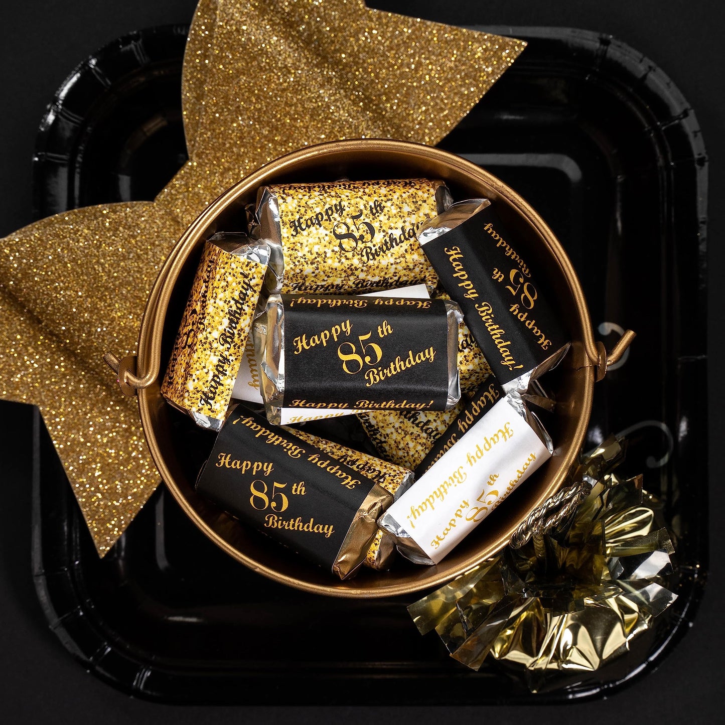 85th Birthday Miniatures Candy Bar Wrapper, (Set of 60) Mini Candy Bar Stickers; 3 Designs: 24 Gold, 24 Black, 12 White, Candy Not Included. Made in