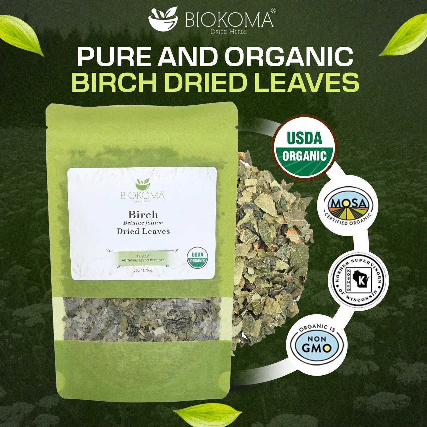 Biokoma Organic Birch Leaf Tea Loose Dried Leaves 50g 1.76oz - Detox Support Digestion Immunity Herbal Tea - USDA Organic - Resealable Moisture Proof