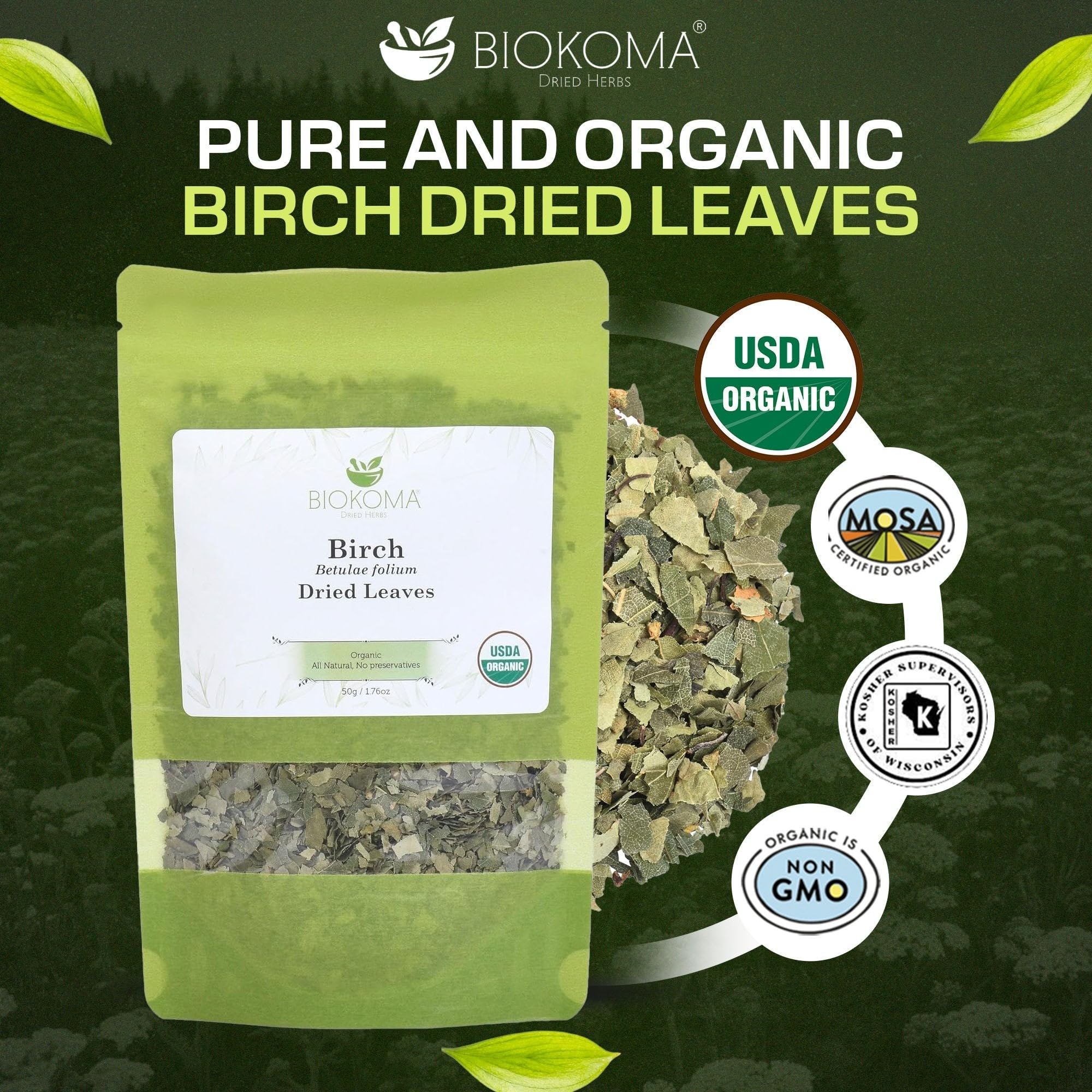 Biokoma Organic Birch Leaf Tea Loose Dried Leaves 50g 1.76oz - Detox Support Digestion Immunity Herbal Tea - USDA Organic - Resealable Moisture Proof