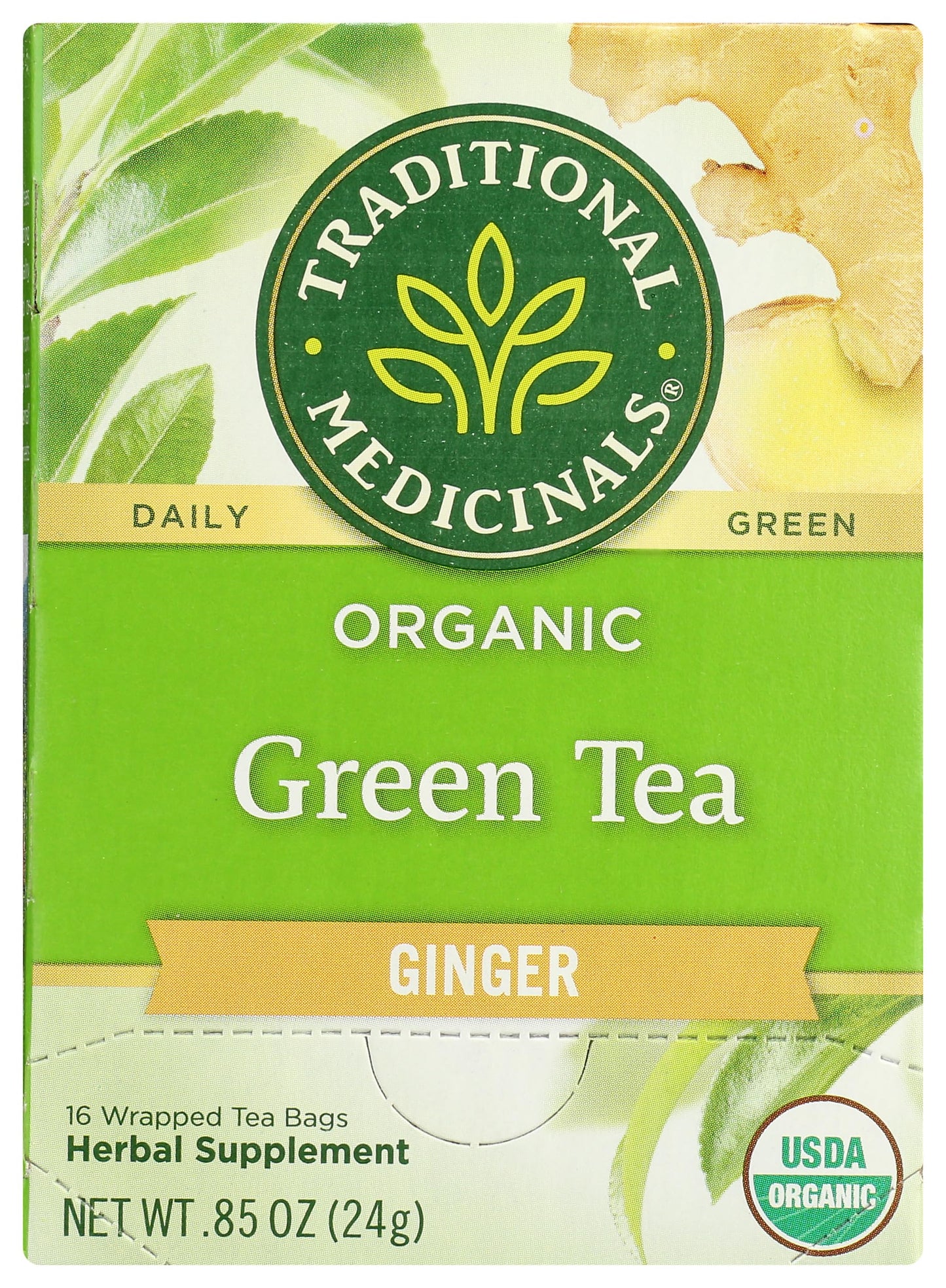 Traditional Medicinals Organic Green Tea Ginger Herbal Tea, Promotes Healthy Digestion, (Pack of 1) - 16 Tea Bags