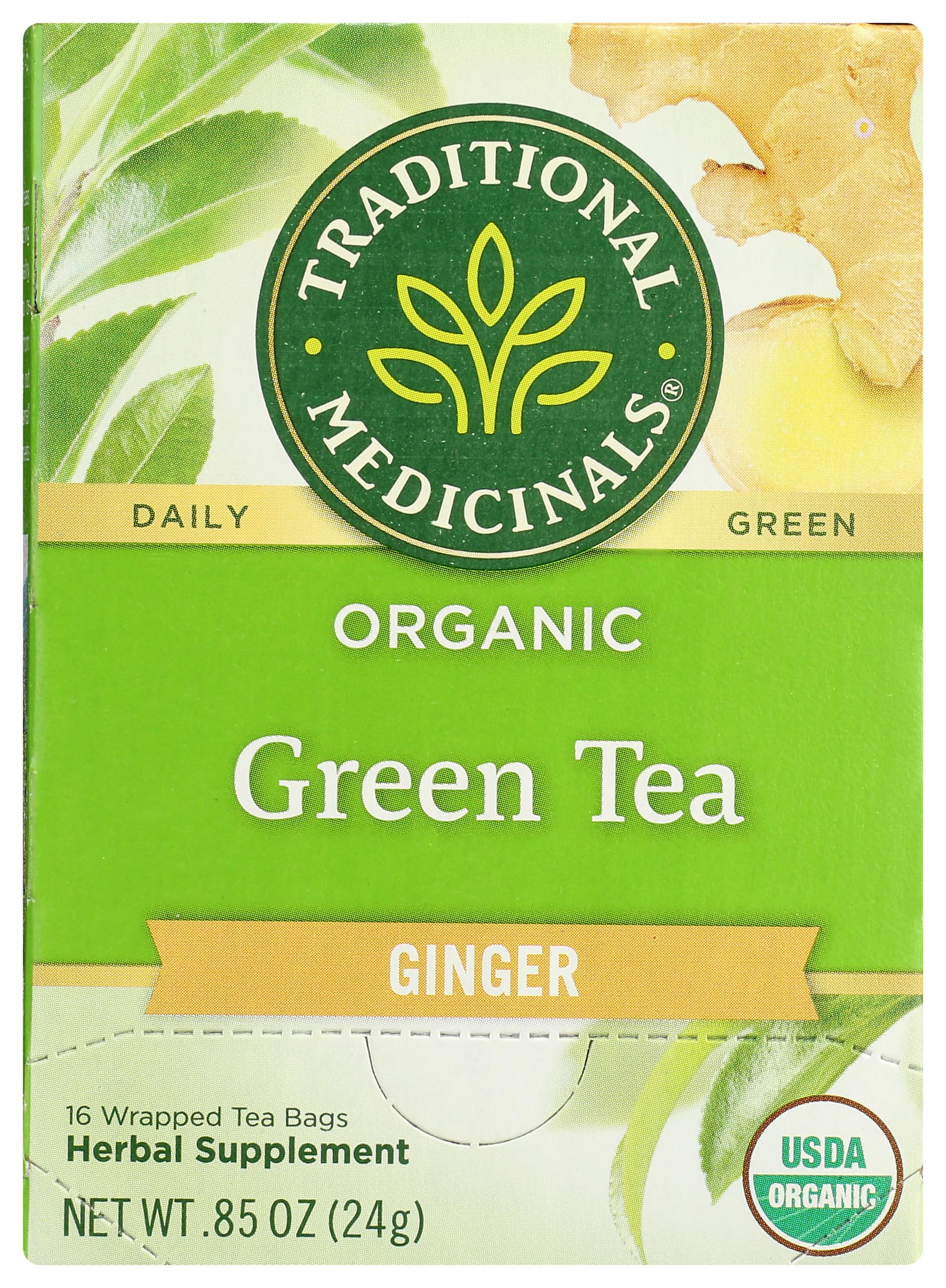 Traditional Medicinals Organic Green Tea Ginger Herbal Tea, Promotes Healthy Digestion, (Pack of 1) - 16 Tea Bags