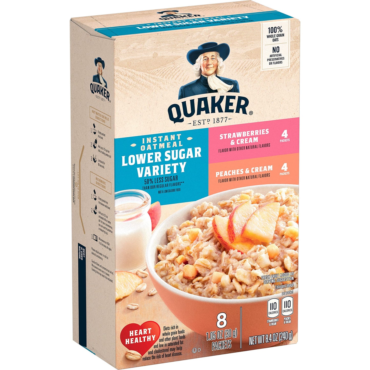 Quaker - Hot Cereal Instant Oatmeal Lower Sugar, Fruit & Cream Variety Pack, (8 Pack)