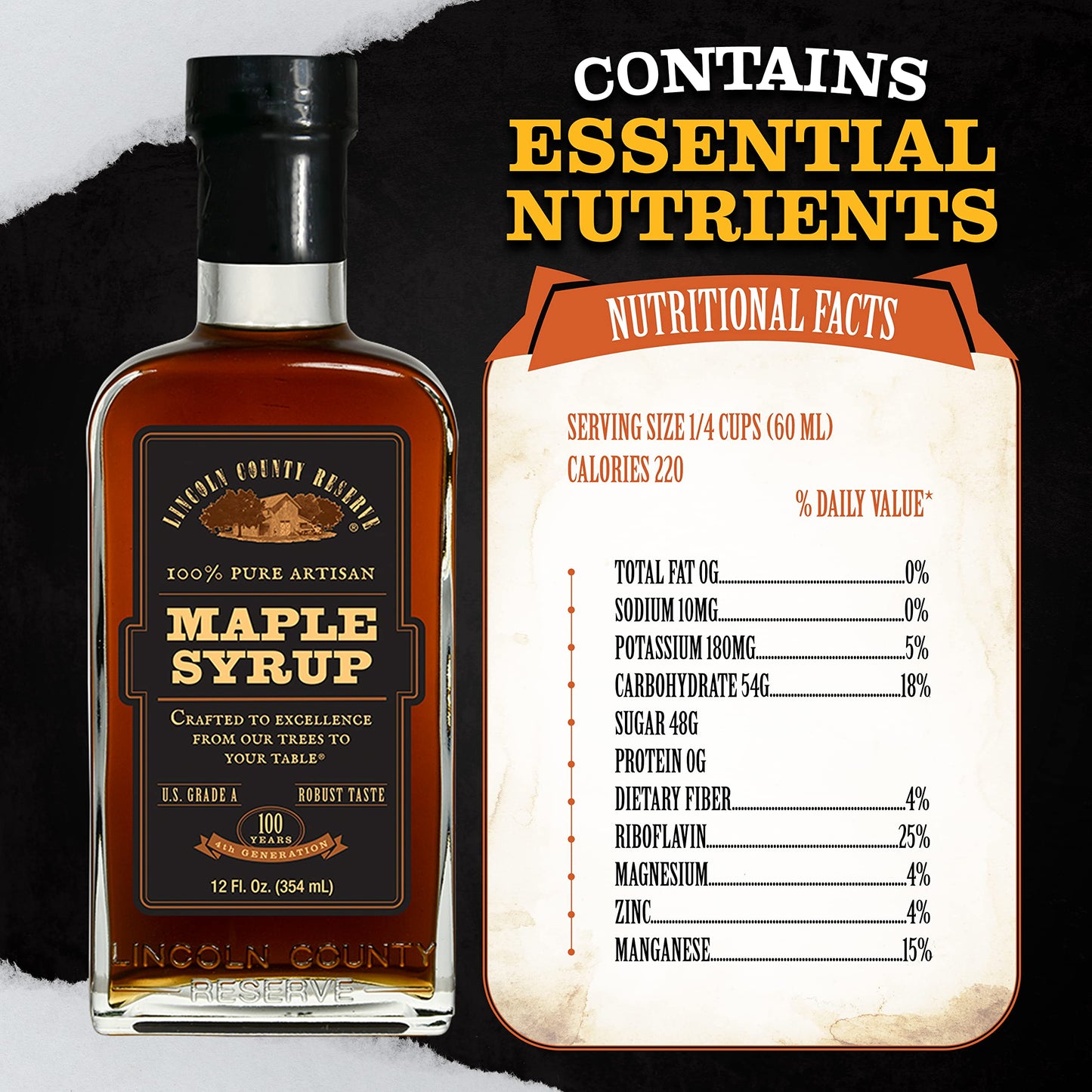 Lincoln County Reserve 100% Pure Maple Syrup with Robust Taste, 100% Pure Artisan Maple Syrup, Made in the USA,12 oz Glass Bottle 2 Pack