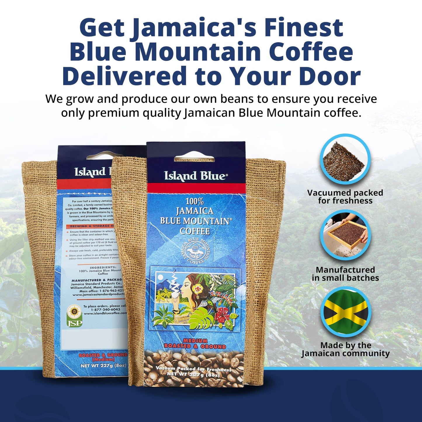 Island Blue 100% Jamaica Blue Mountain Fresh Roasted & Ground Coffee Medium Roast Gourmet Coffee Ground Vacuum Packed in a Burlap Bag, 8 oz