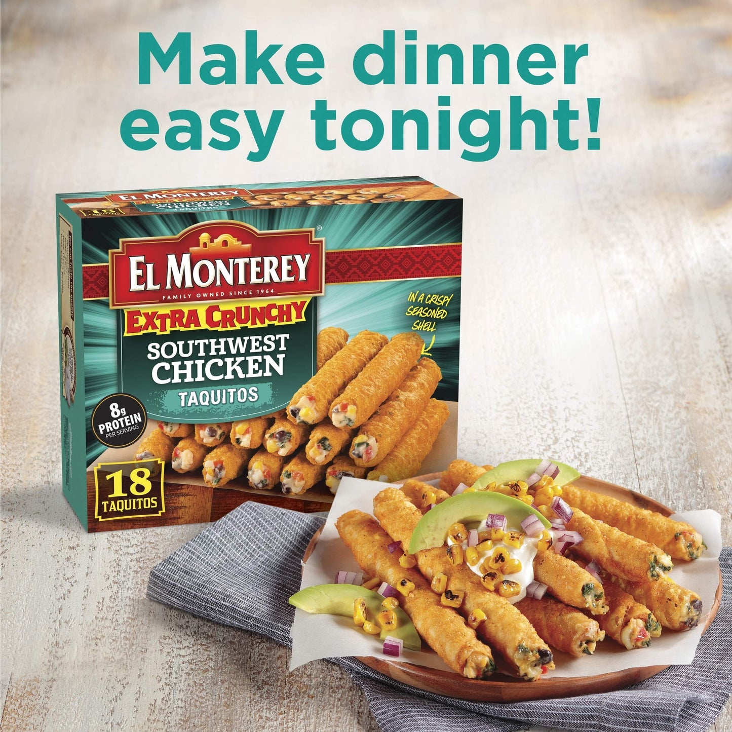 El Monterey Southwest Chicken Extra Crunchy Taquitos Frozen Box, 18 Count