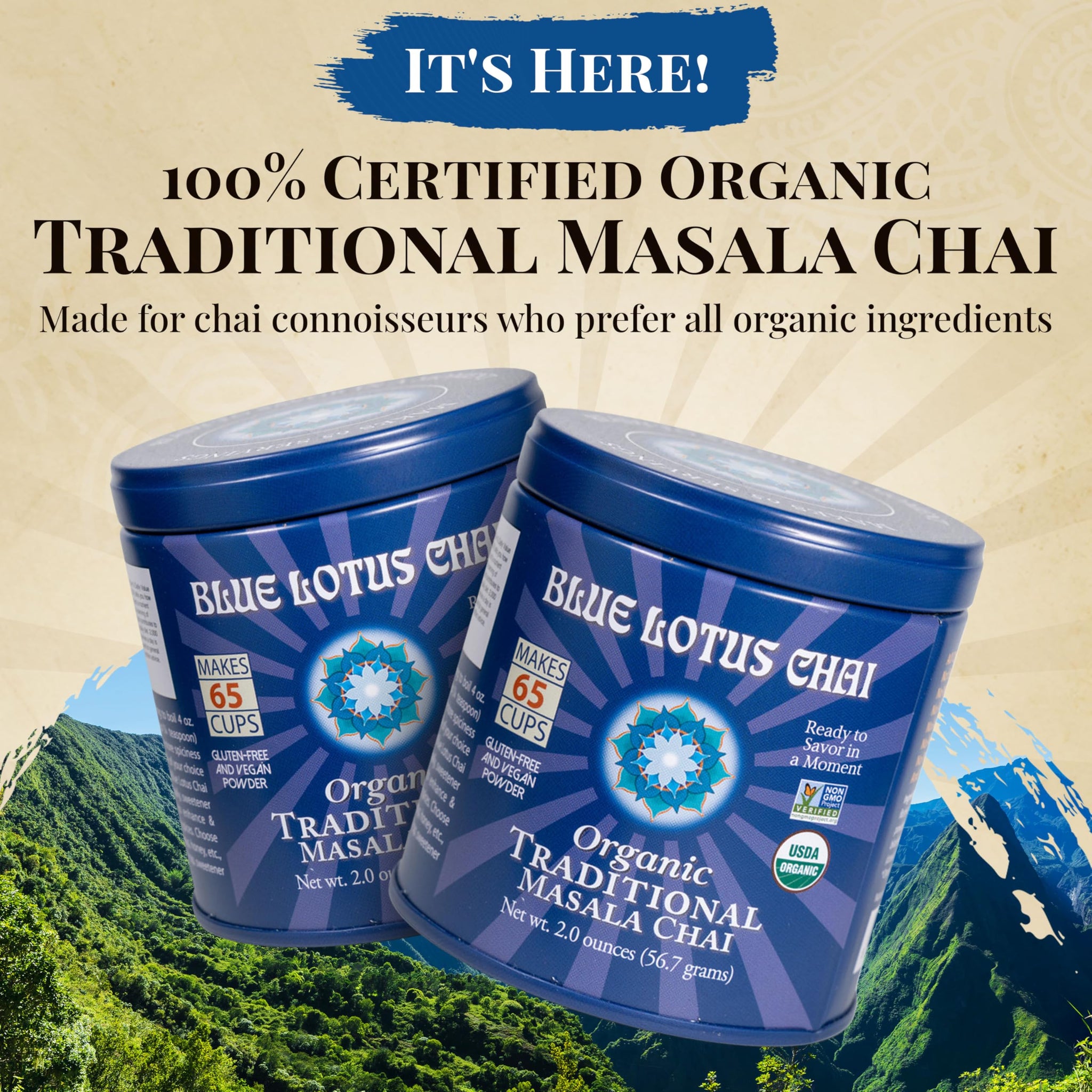 Blue Lotus Chai Tea - Fully Organic Traditional Masala Chai - Makes 65 Cups - 2 Ounce Masala Spiced Chai Powder with Organic Spices - Instant Indian