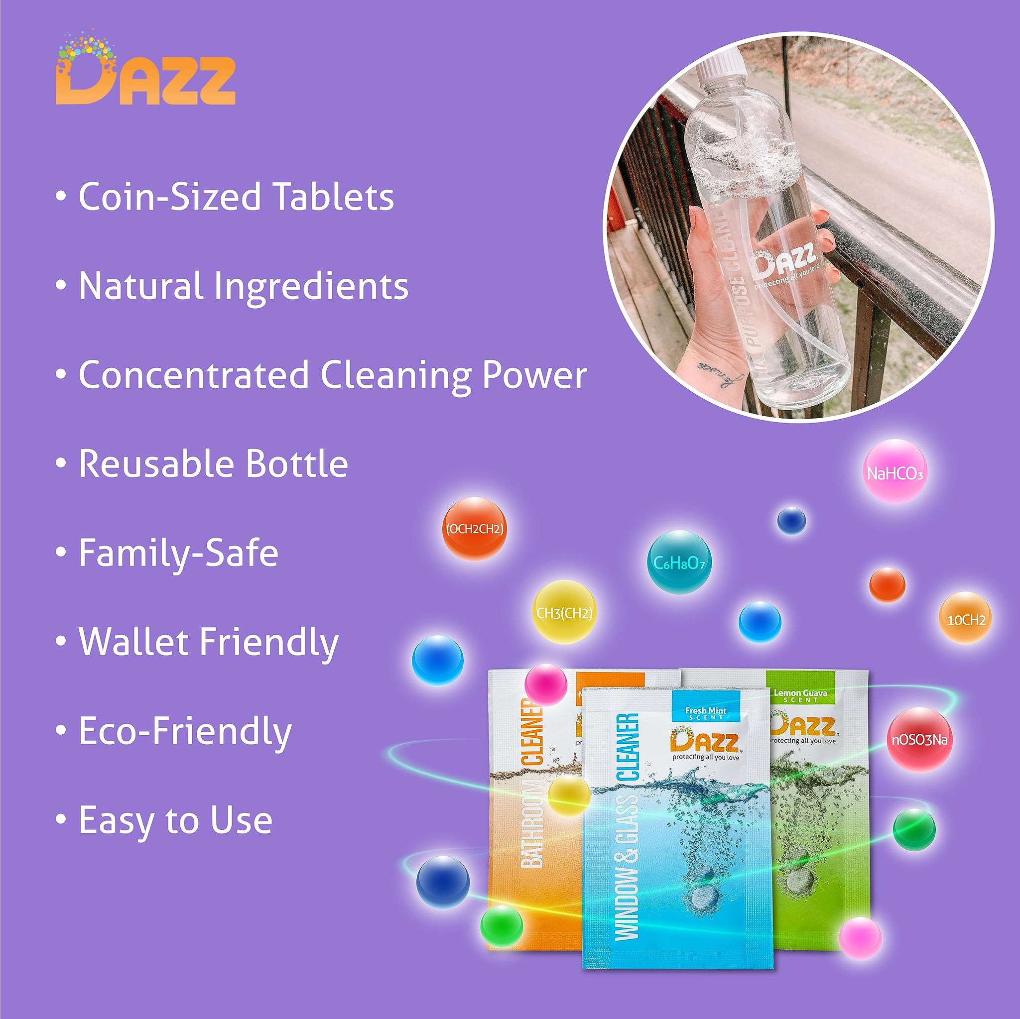 DAZZ Whole House Starter Kit (3 Reusable Spray Bottles, 6 Refills) Natural All Purpose Cleaner, Glass and Window Cleaner, and Bathroom Cleaner - Eco